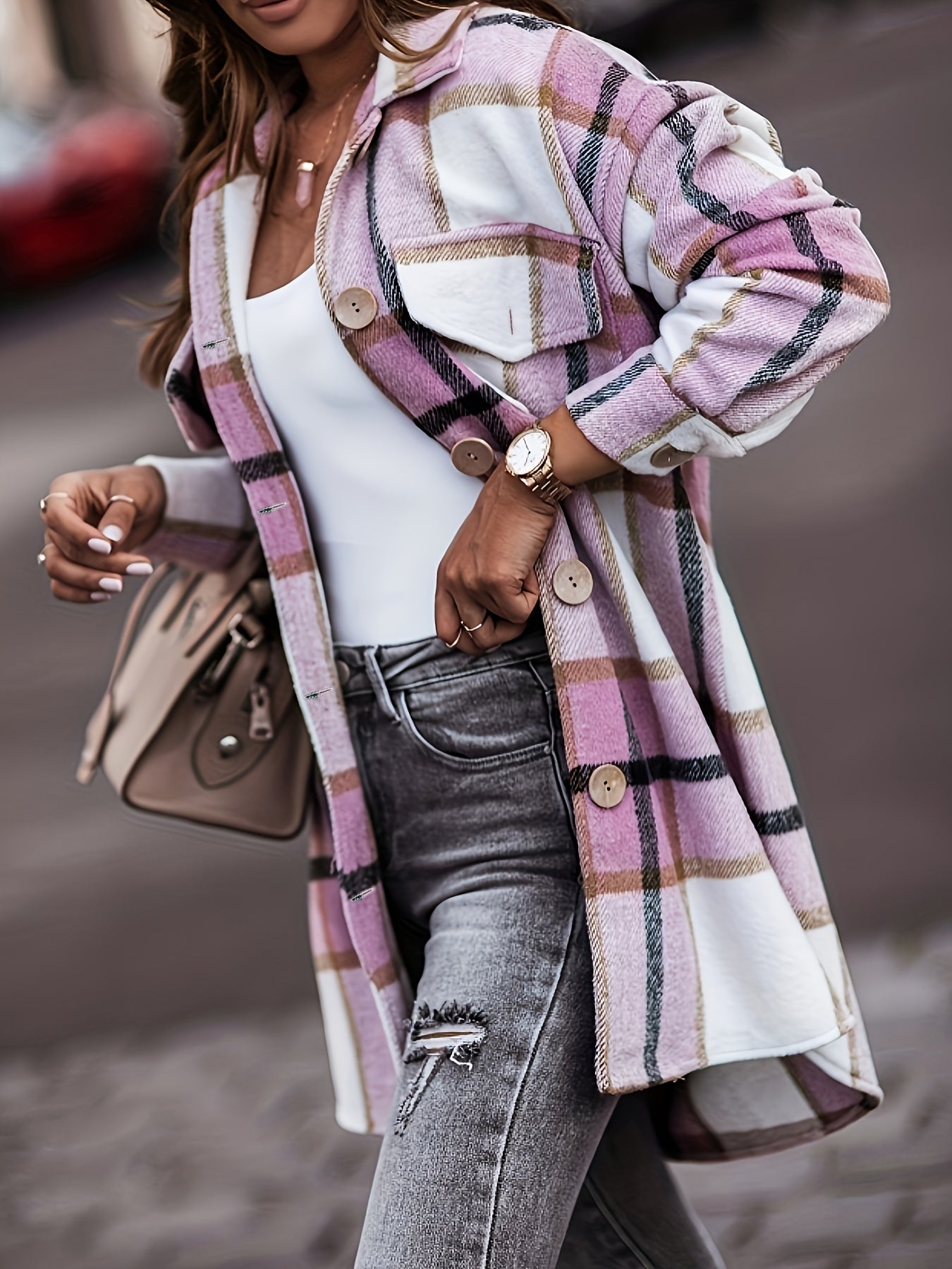 gbolsos Plaid Print Shacket Jacket, Casual Button Front Long Sleeve Outerwear, Women's Clothing