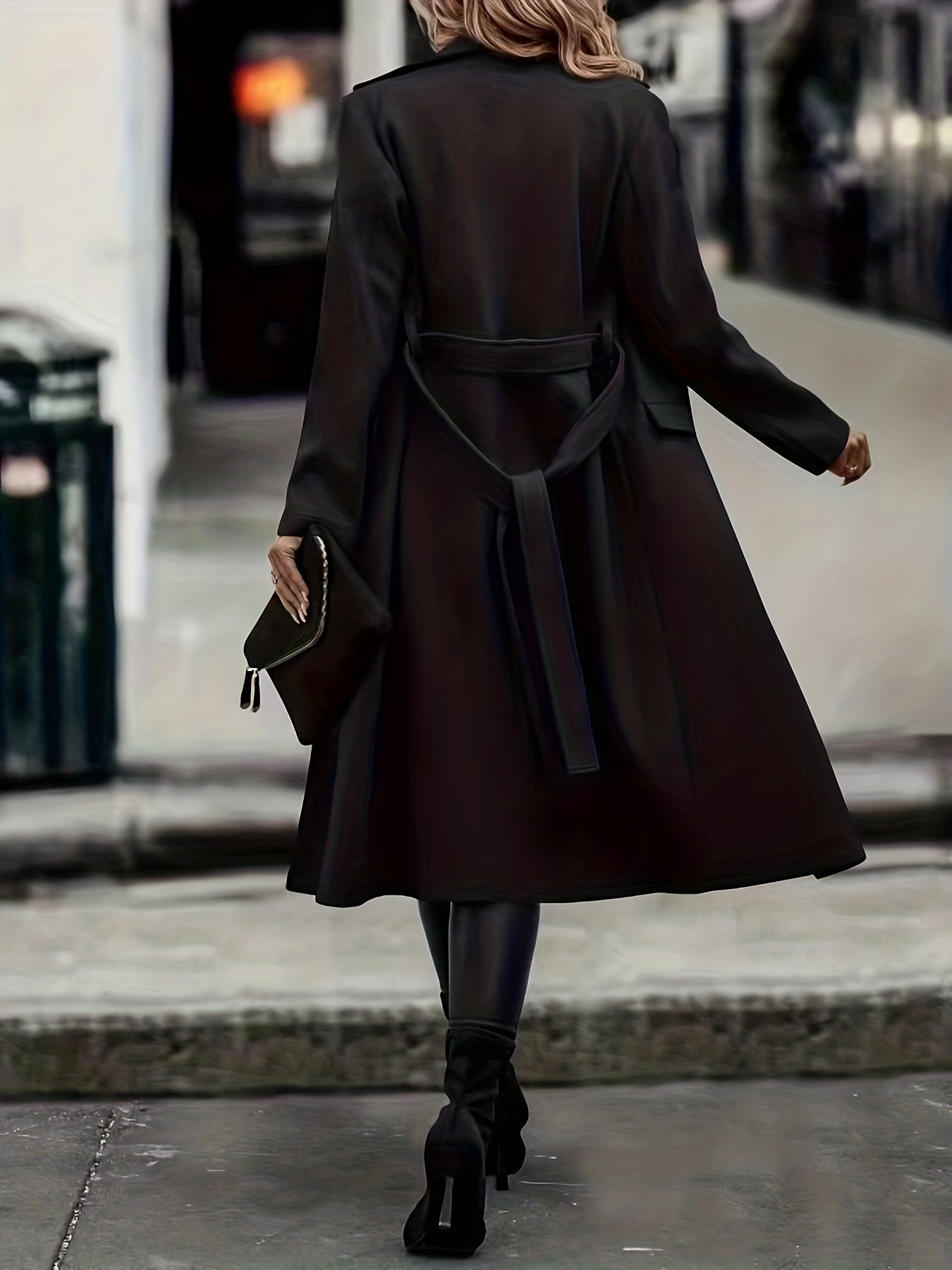 gbolsos Solid Color Open Front Trench Coat, Elegant Lapel Neck Long Sleeve Belted Coat, Women's Clothing