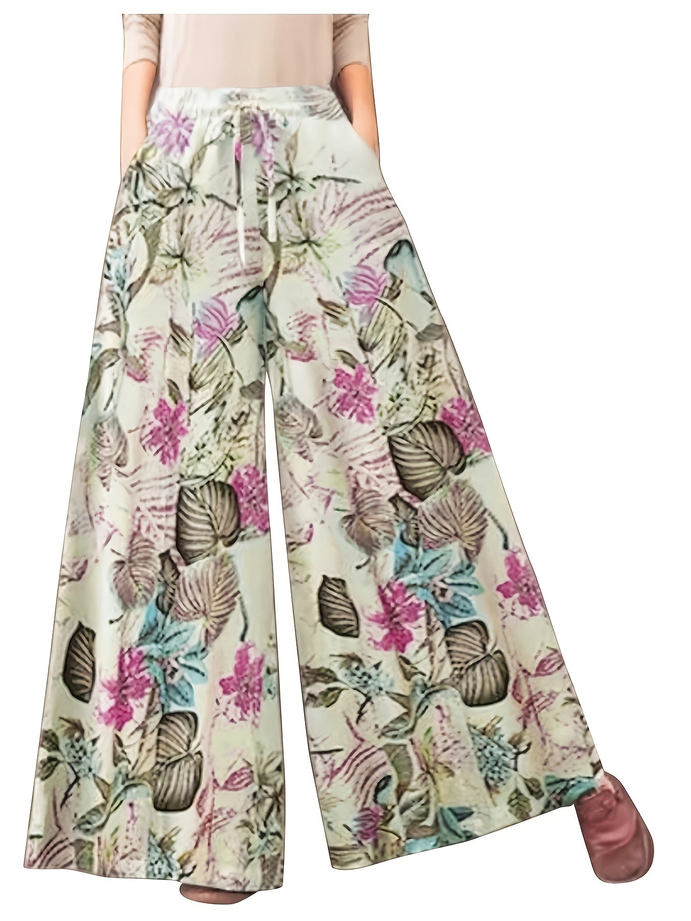 Plus Size Casual Pants, Women's Plus Floral Print Wide Leg Loose Drawstring Pants With Pockets
