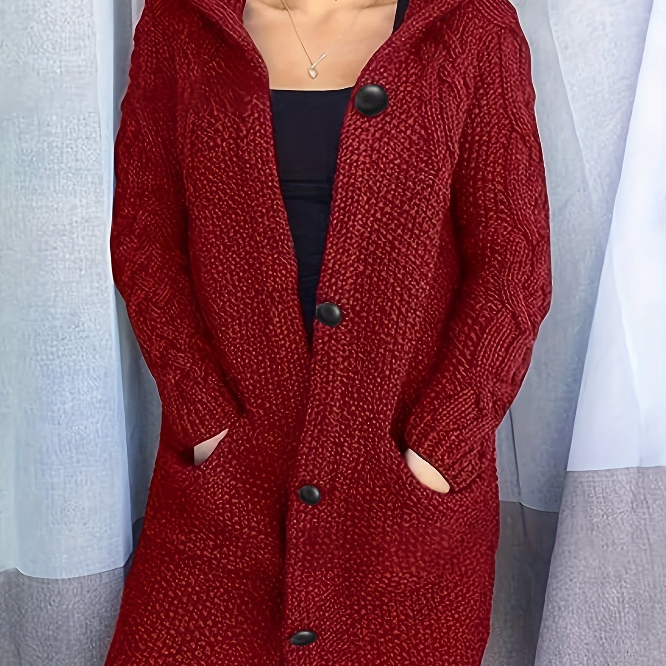 Solid Button Front Hooded Cardigan, Casual Long Sleeve Sweater For Fall & Winter, Women's Clothing