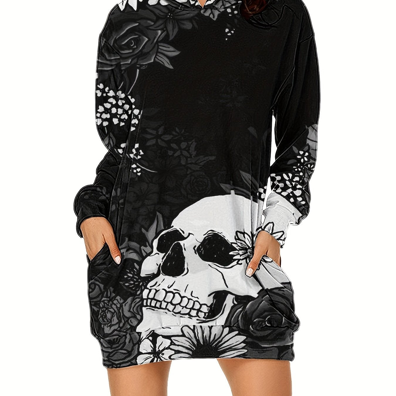 gbolsos Skull & Flower Print Dress, Gothic Hooded Long Sleeve Mini Dress With Pockets, Women's Clothing