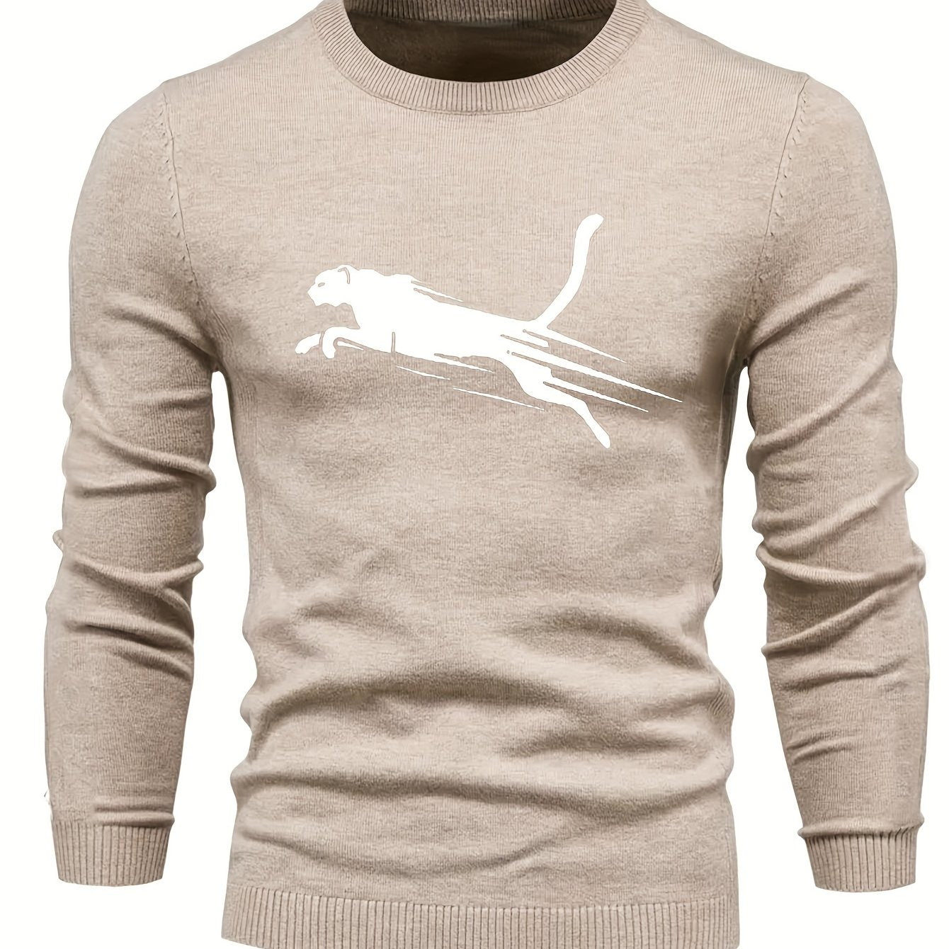 gbolsos All Match Knitted Sweater, Leopard Pattern Men's Casual Warm Mid Stretch Crew Neck Pullover Sweater For Men Fall Winter