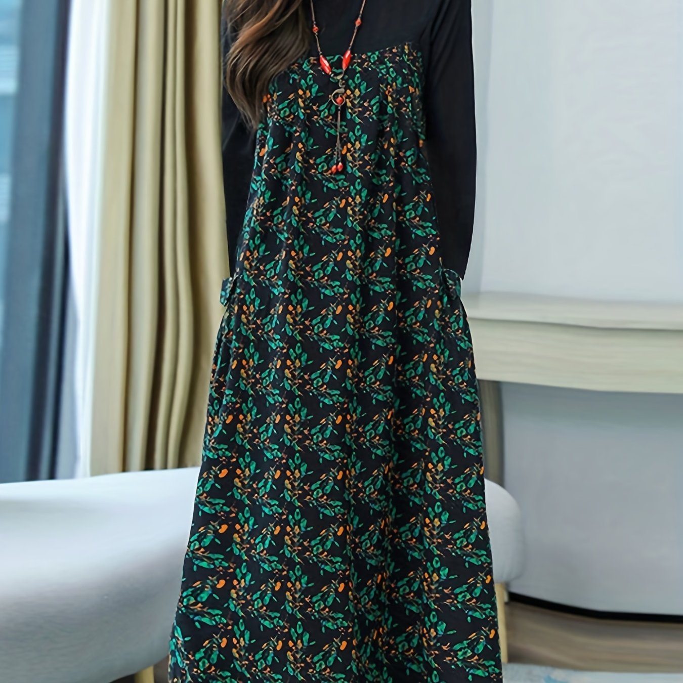 gbolsos Floral Print Crew Neck Dress, Casual Long Sleeve Dress For Spring & Fall, Women's Clothing
