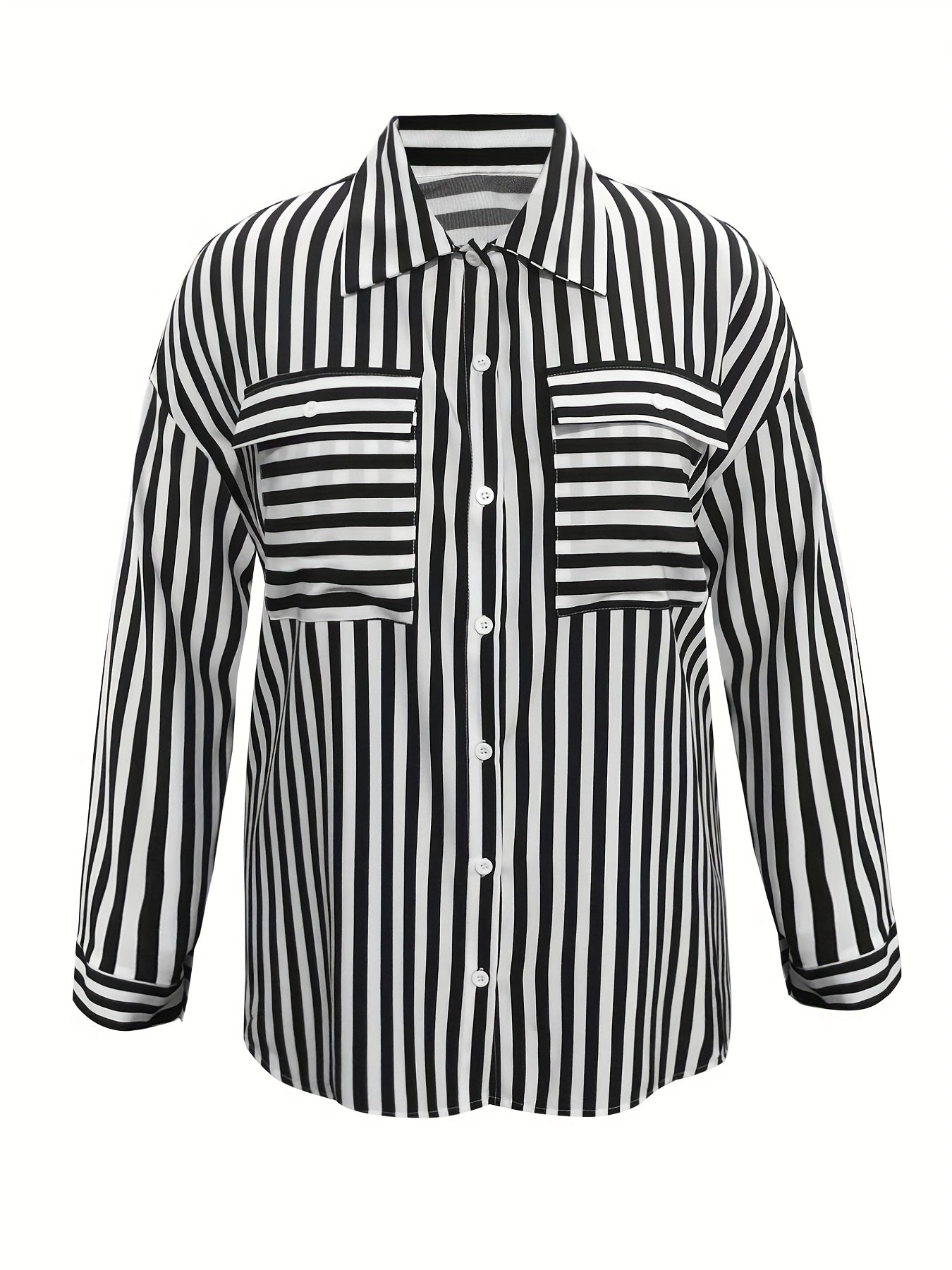 solvbao Plus Size Casual Blouse, Women's Plus Stripe Print Long Sleeve Button Up Blouse With Flap Pockets