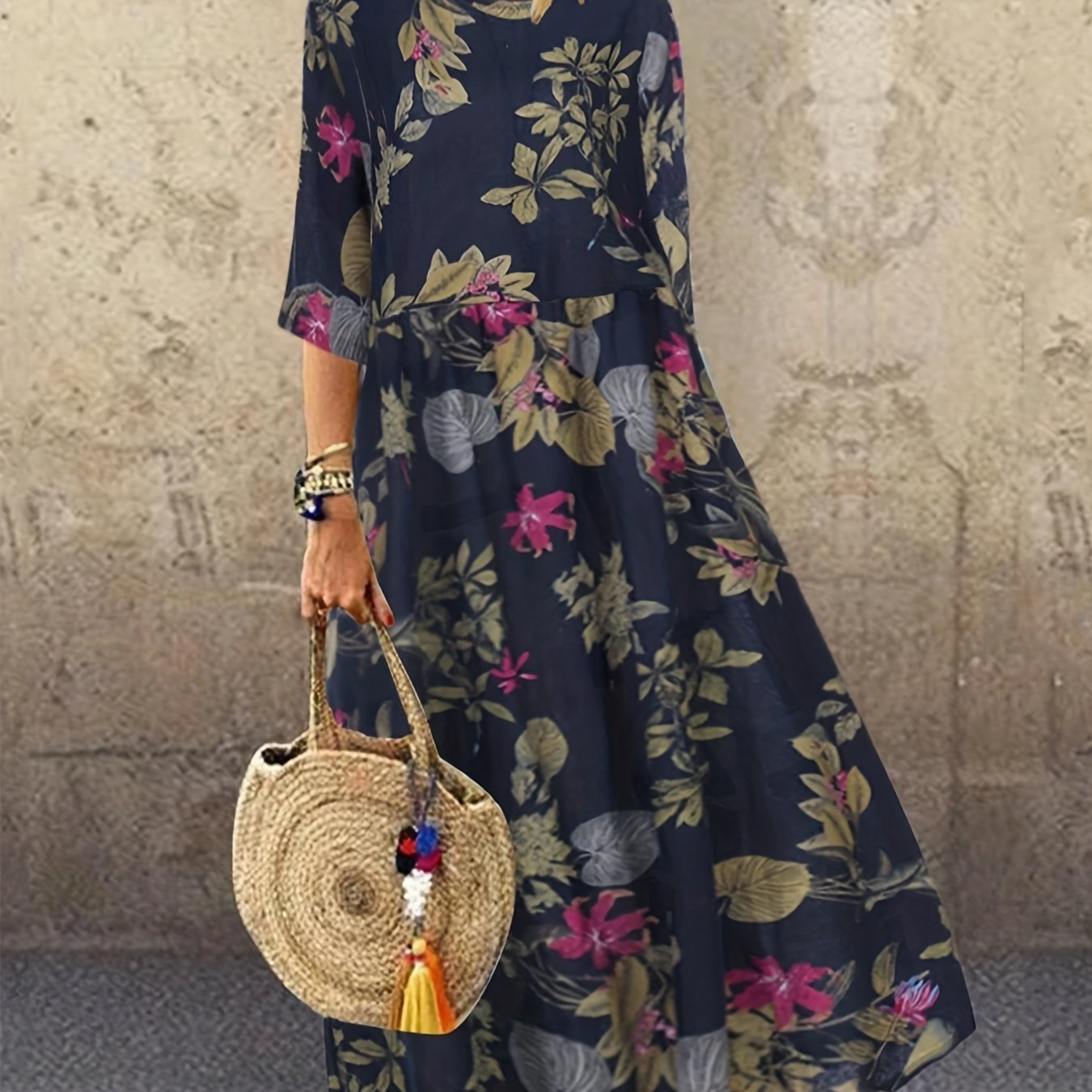 gbolsos Plus Size Casual Dress, Women's Plus Floral Print Half Sleeve Round Neck Maxi Dress