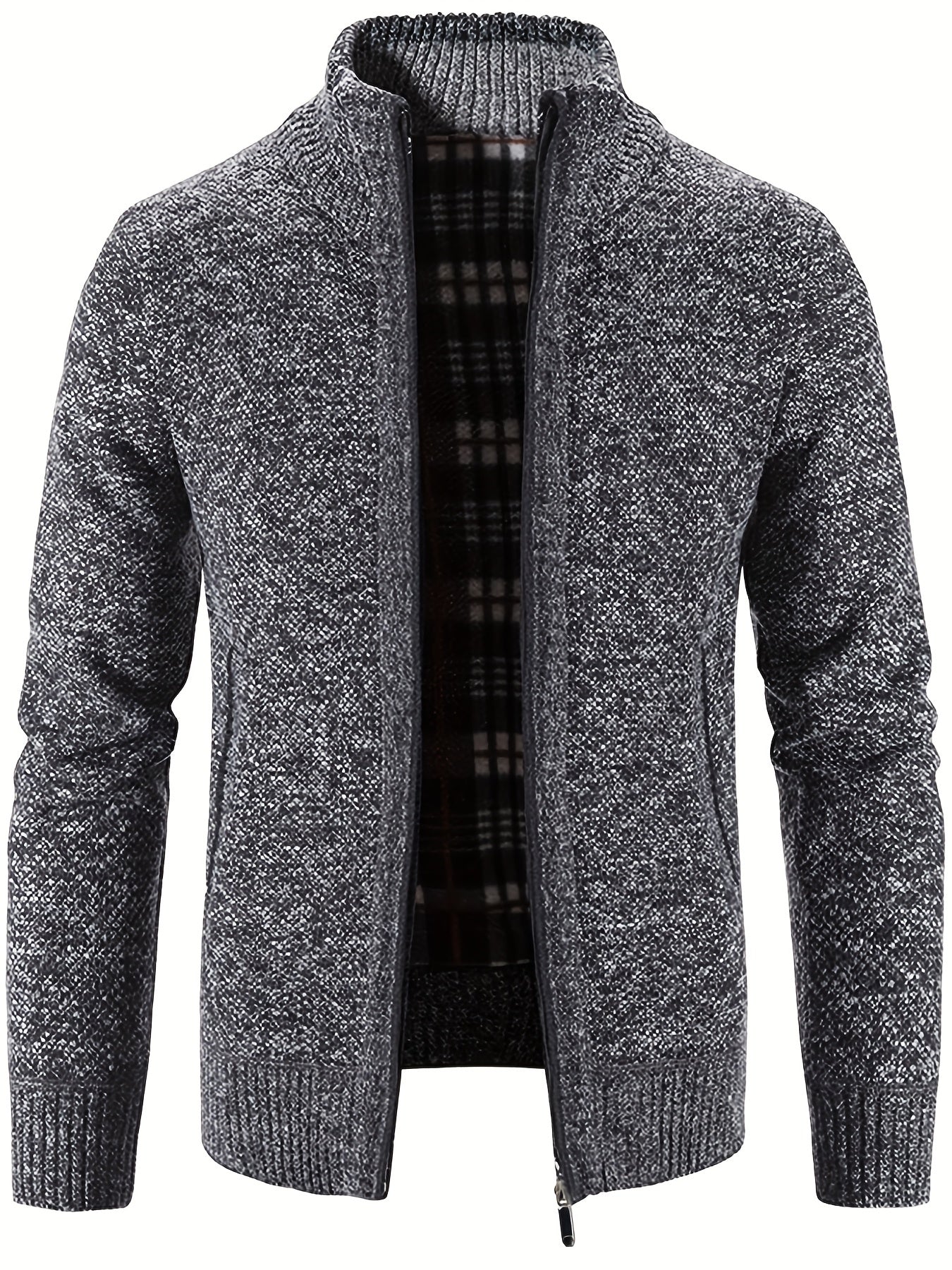 gbolsos Warm Stand Collar Fleece Jacket, Men's Semi-formal Comfortable Solid Color Zip Up Knitted Cardigan For Spring Fall