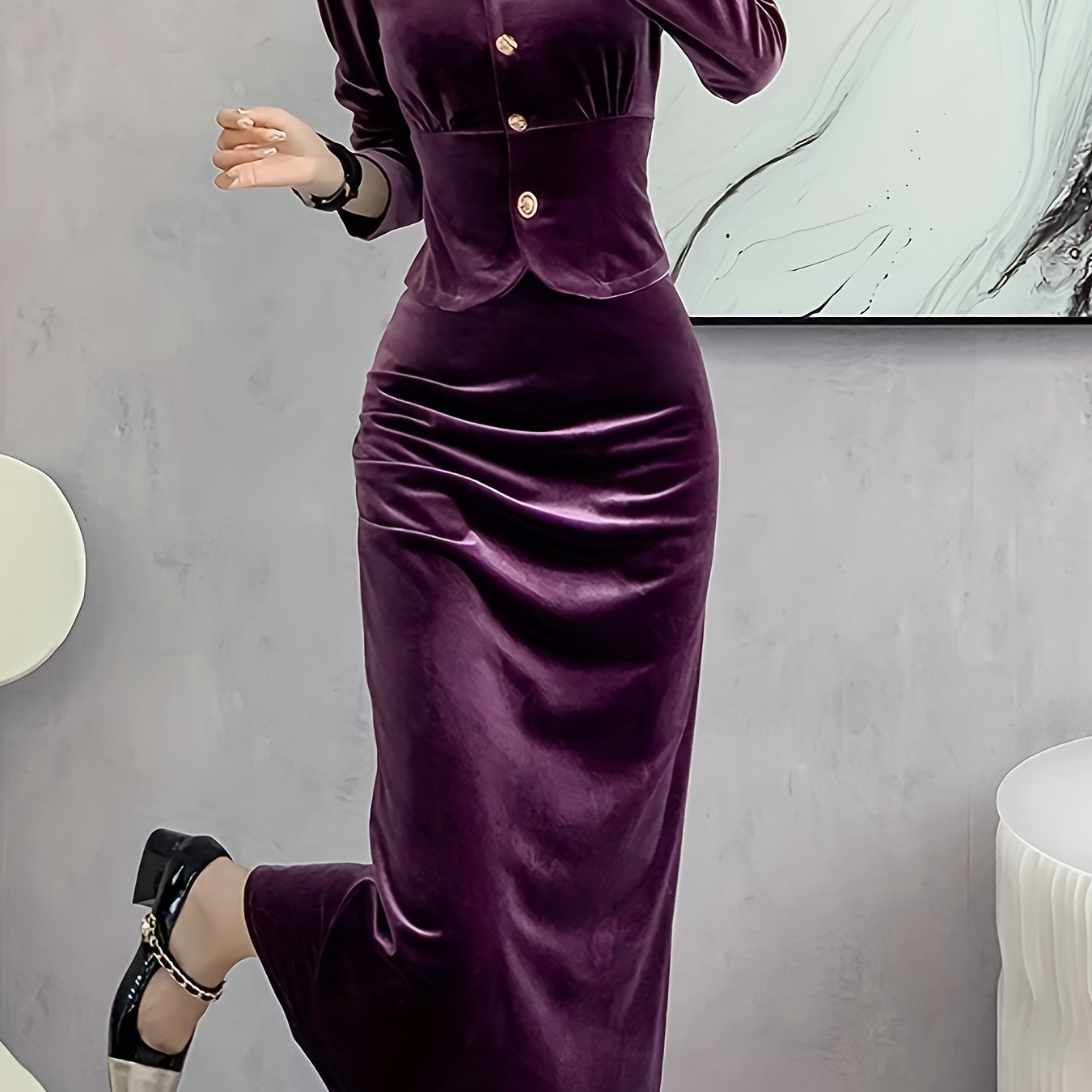 Solid Bodycon Two-piece Set, Button Front Long Sleeve Tops & High Waist Midi Skirts Outfits, Women's Clothing