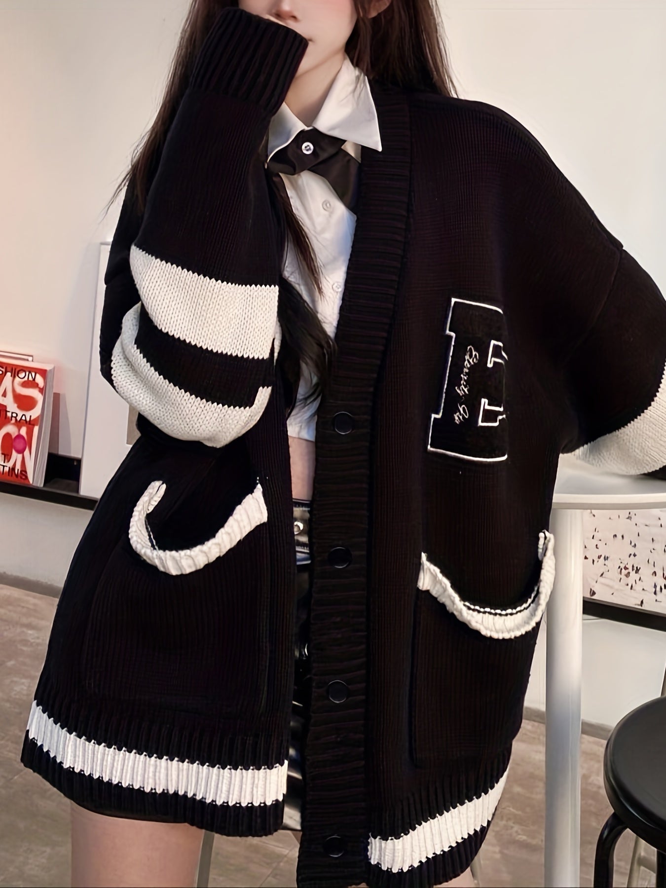 B Pattern Button Up Cardigan, Preppy Long Sleeve Pocket Cardigan For Fall & Winter, Women's Clothing