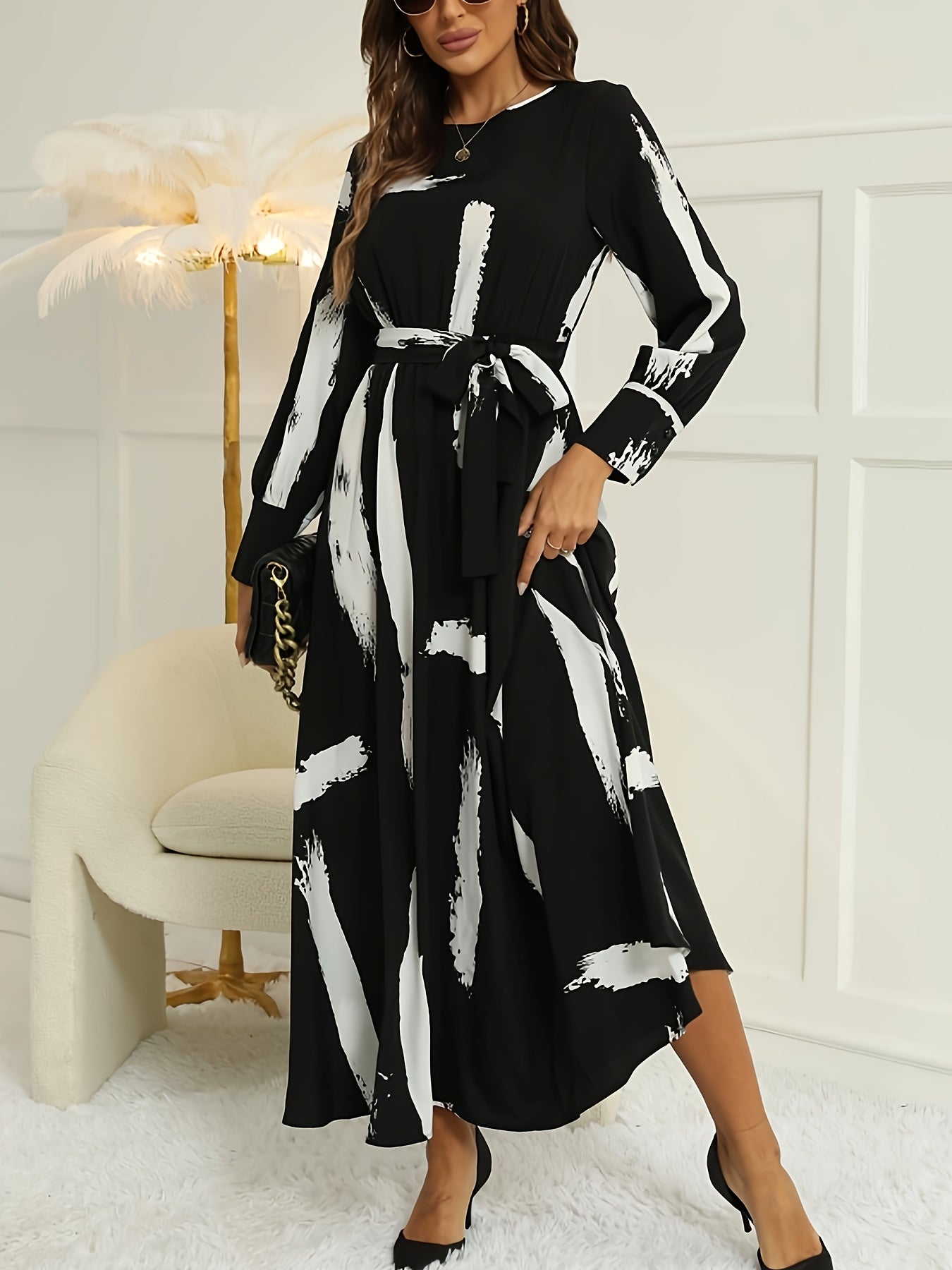 gbolsos Brush Print Keyhole Dress, Elegant Long Sleeve Maxi Dress, Women's Clothing