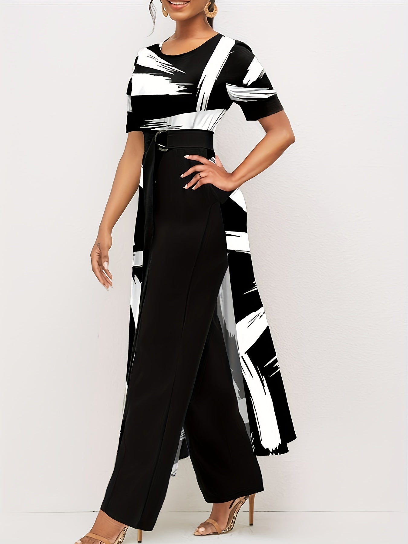 gbolsos Brush Print Wide Leg Jumpsuit, Casual Crew Neck Short Sleeve Jumpsuit With Overskirts, Women's Clothing