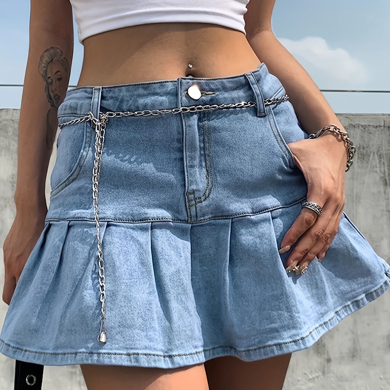 Ruffle Hem Denim Skirt, Slash Pockets High Waist Non-Stretch Denim Skirt, Women's Denim Clothing