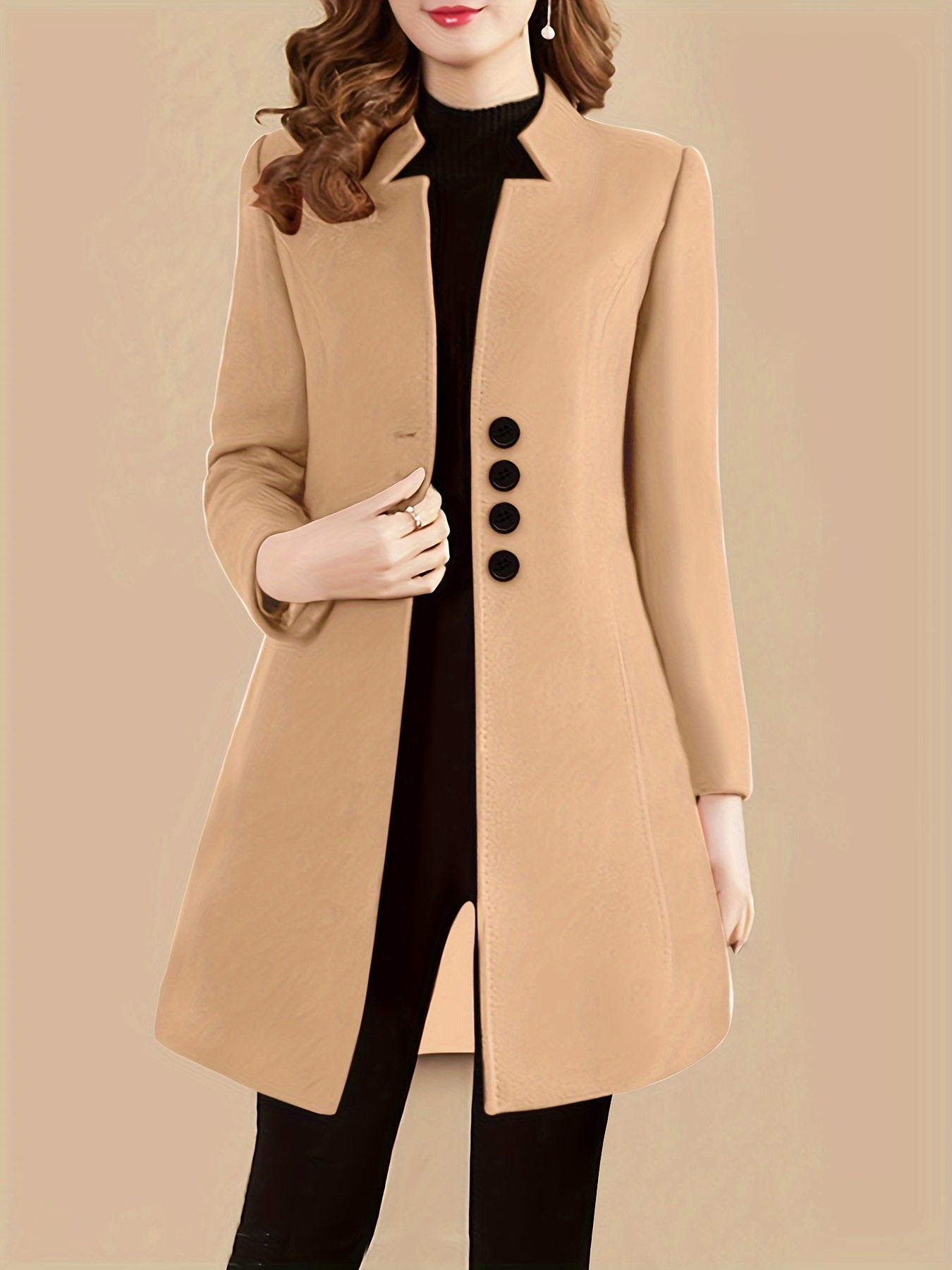 gbolsos Single Breasted Solid Coat, Elegant Long Sleeve Versatile Outerwear, Women's Clothing