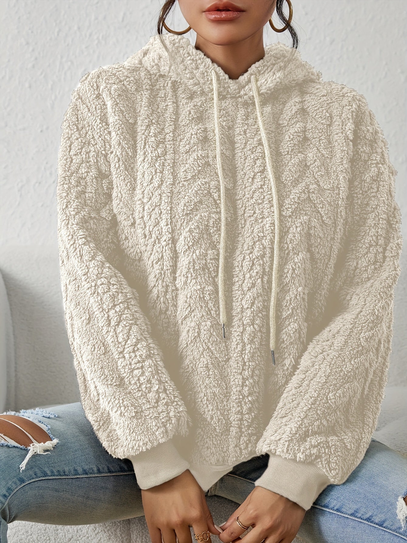 Textured Hoodie Plush Sweatshirt, Casual Long Sleeve Drawstring Hoodies Sweatshirt, Women's Clothing