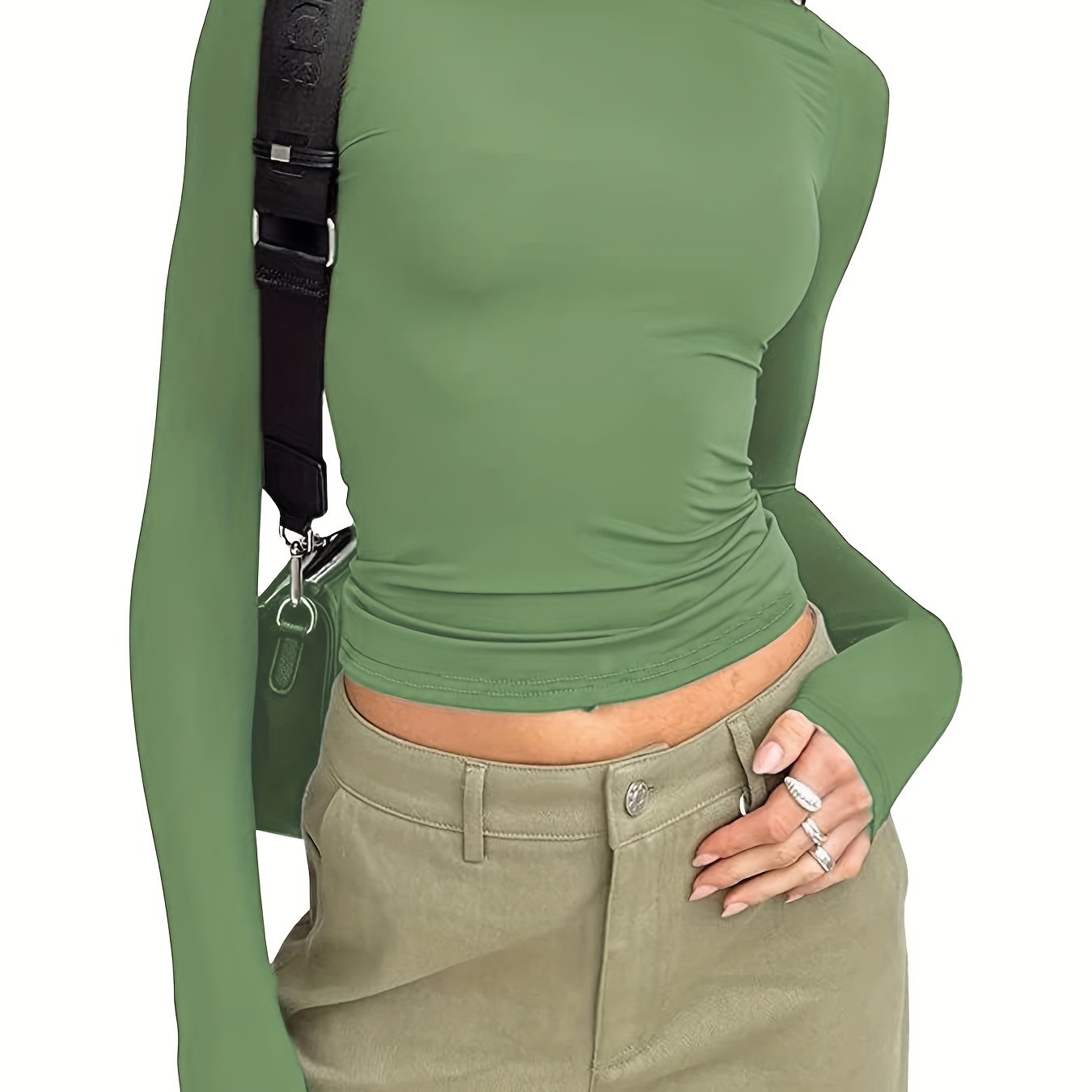 gbolsos Thin Solid Crew Neck T-Shirt, Casual Long Sleeve Top For Spring & Fall, Women's Clothing