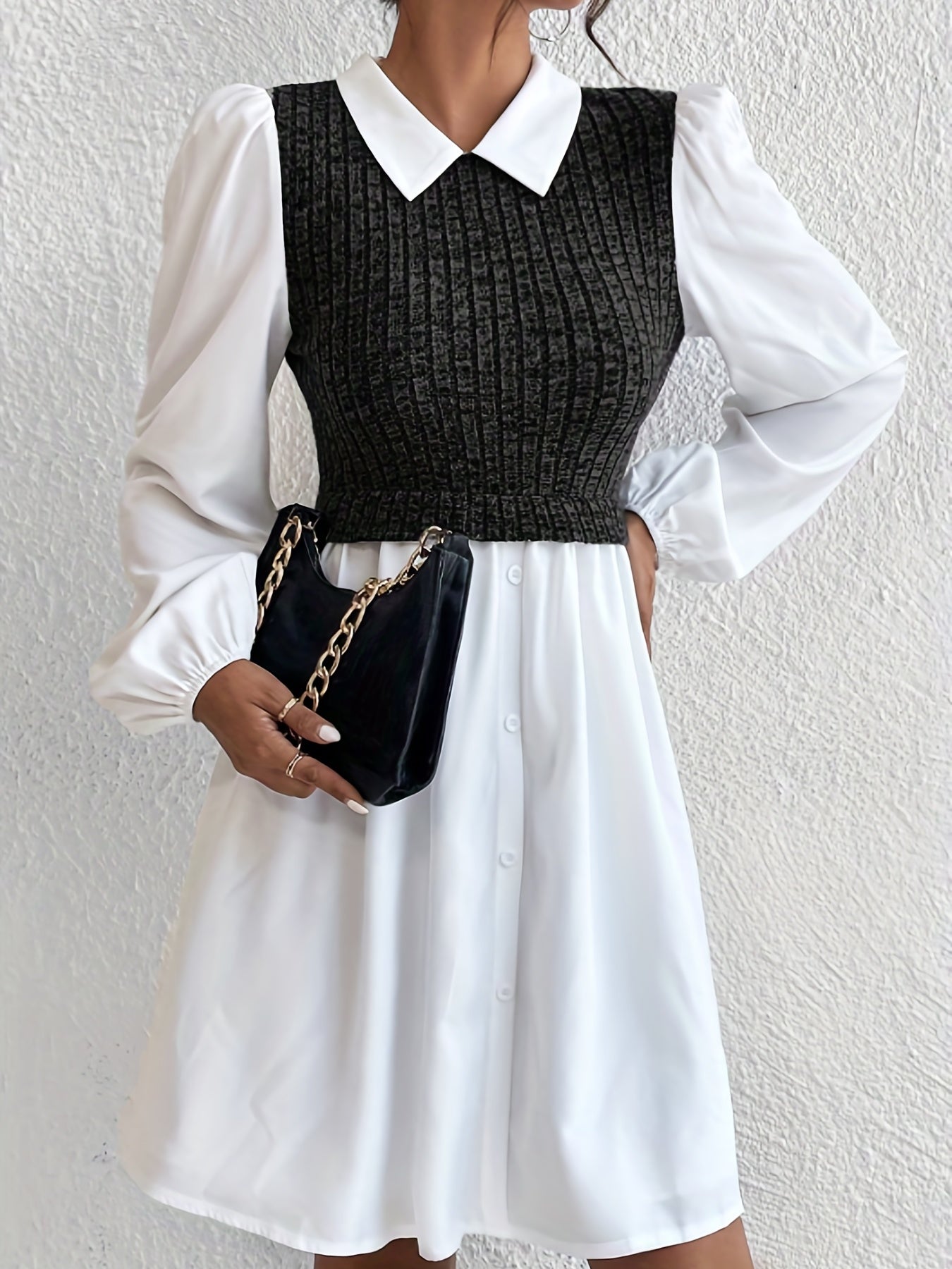 Button Front Stitching Knit Dress, Elegant Long Sleeve Collared Dress, Women's Clothing