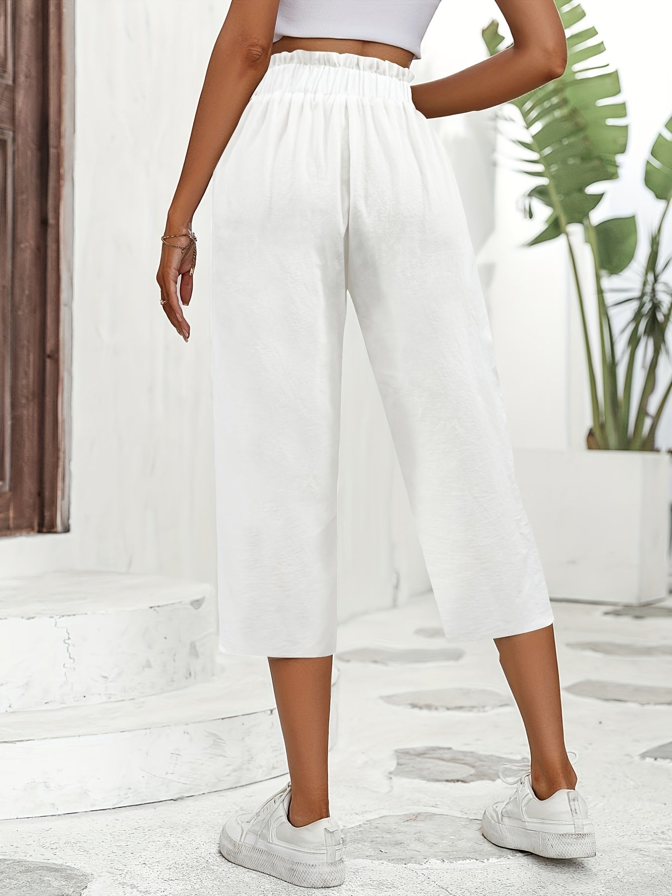gbolsos Minimalist Buttoned Wide Leg Elastic Waist Pants, Casual Versatile Solid Buttons Pants, Women's Clothing