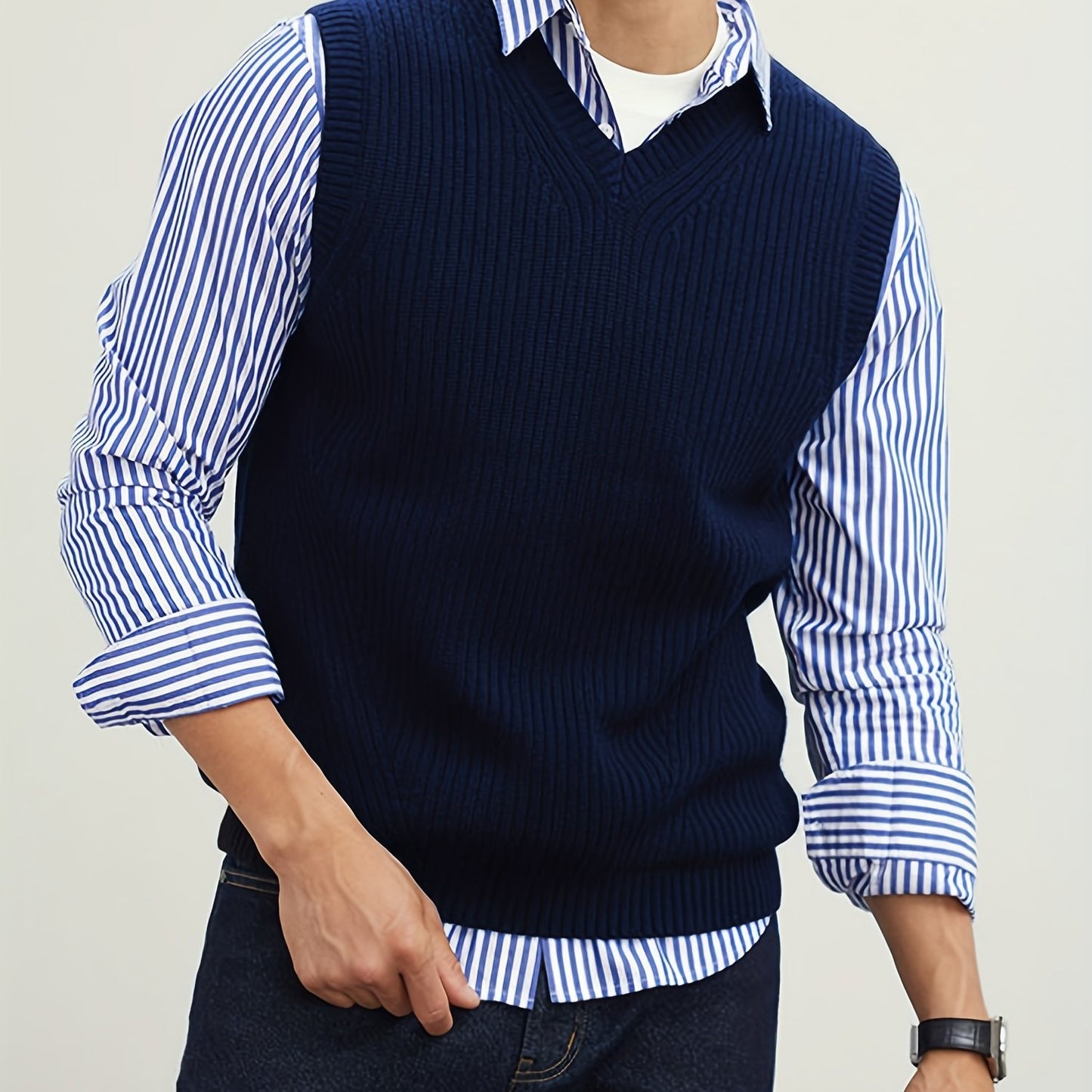 gbolsos Men's V Neck Sweater Vest, Pullover Solid Color Sleeveless Sweaters Vest, Preppy Style
