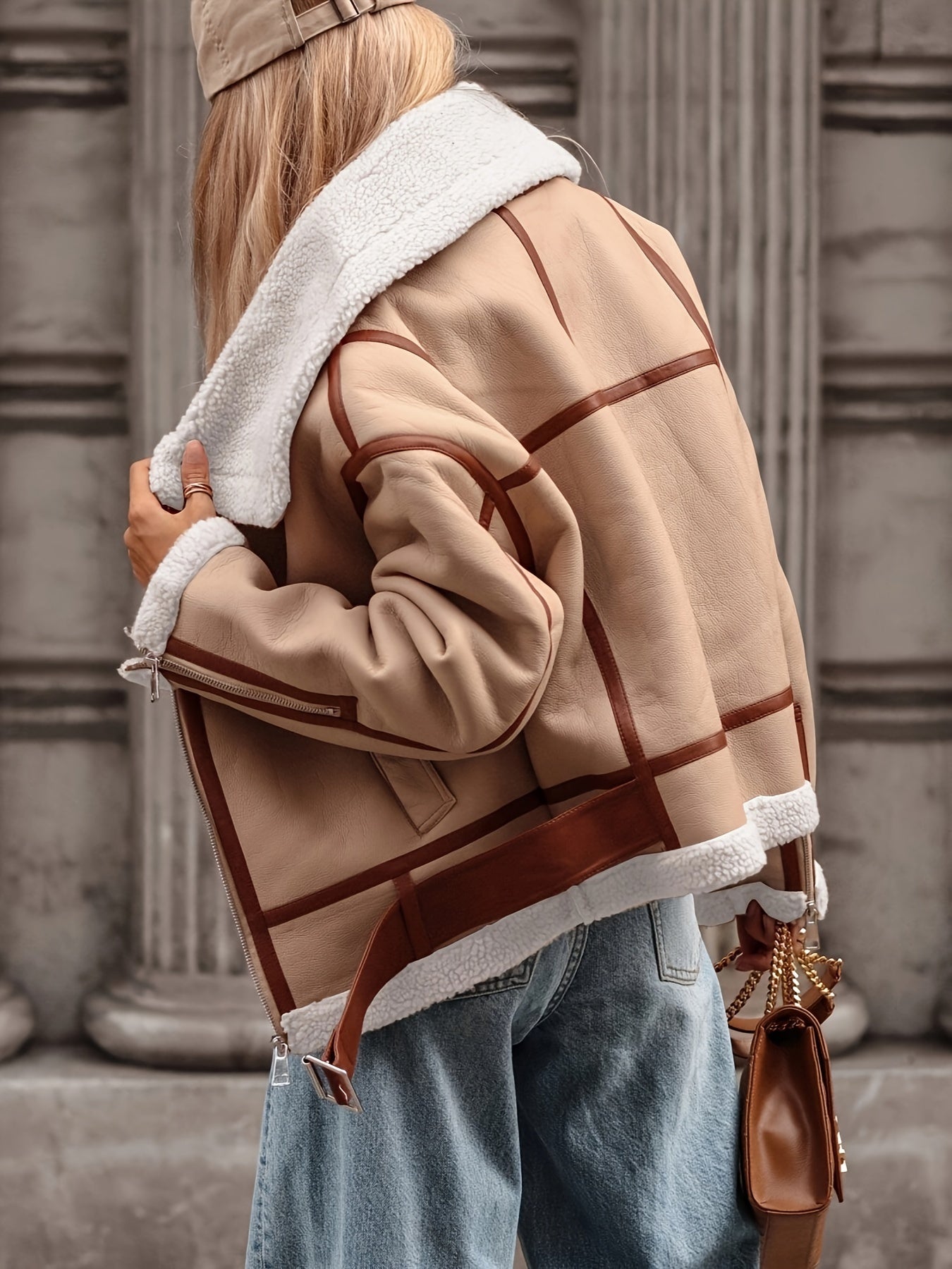 gbolsos Faux Leather Contrast Trim Zip-up Jacket, Stylish Long Sleeve Lapel Belt Jacket For Fall & Winter, Women's Clothing