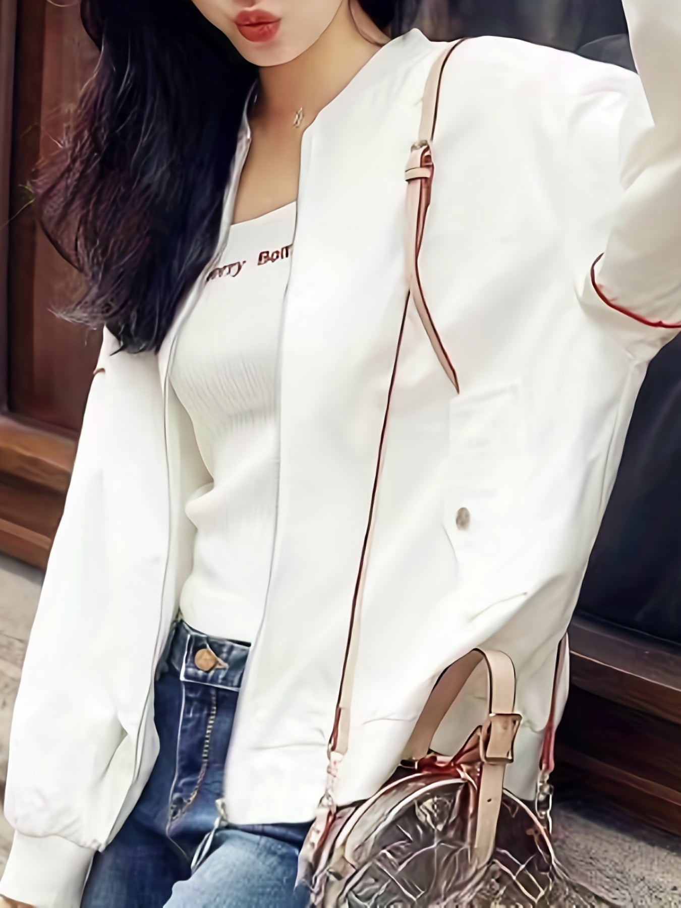 gbolsos Letter Pattern Bomber Jacket, Casual Zip Up Long Sleeve Outerwear, Women's Clothing
