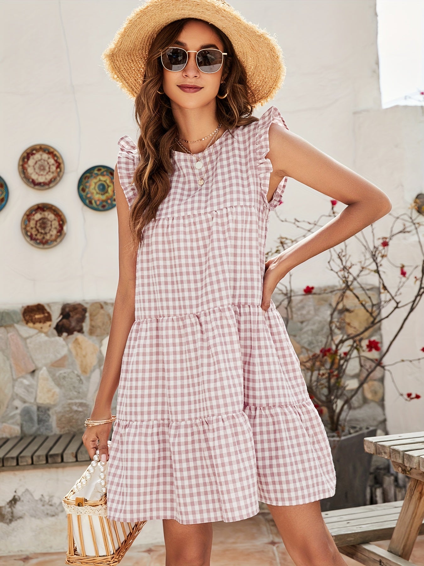 gbolsos Plaid Ruffle Hem Dress, Casual Crew Neck Dress For Spring & Summer, Women's Clothing