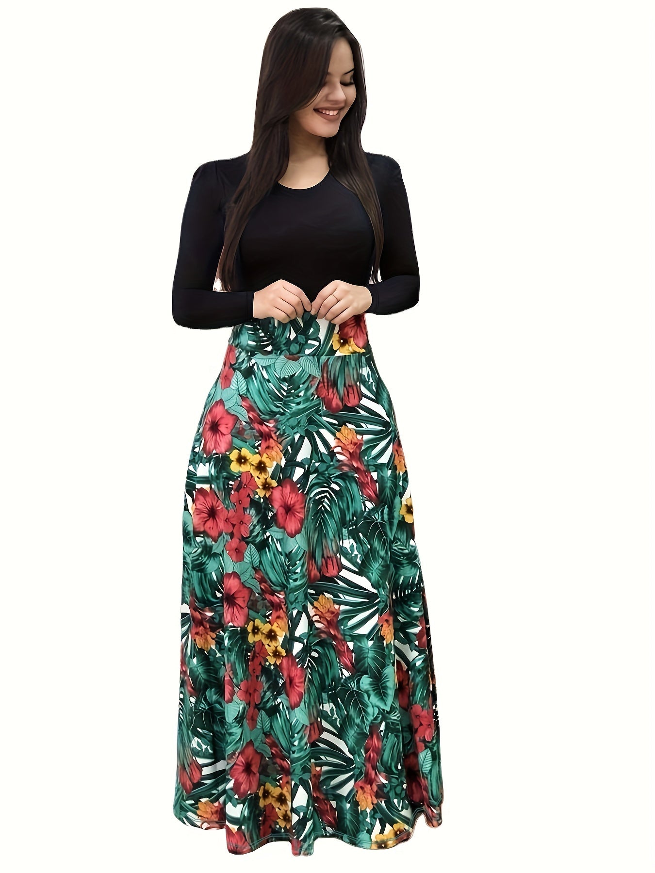 Floral Print Long Sleeve Dress, Elegant Crew Neck Pleated Maxi Dress, Women's Clothing