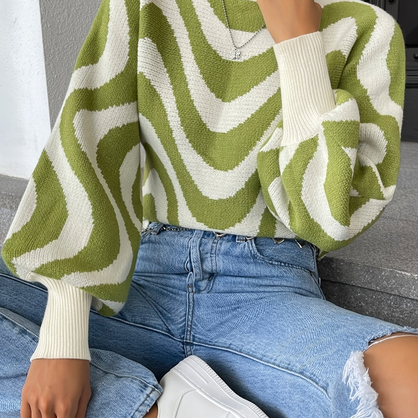 gbolsos Striped Boat Neck Pullover Sweater, Casual Lantern Sleeve Slim Sweater, Women's Clothing