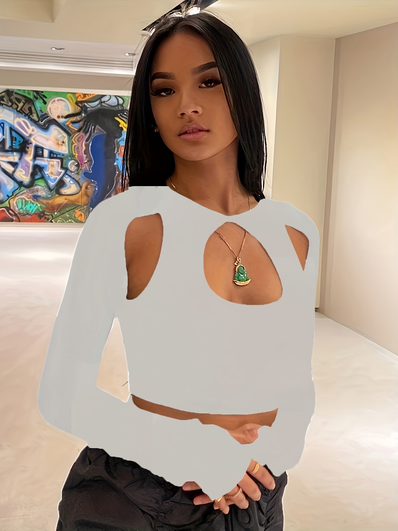 kkboxly Sexy Cut Out Crop T-Shirt, Long Sleeve Loose Casual Top, Women's Clothing