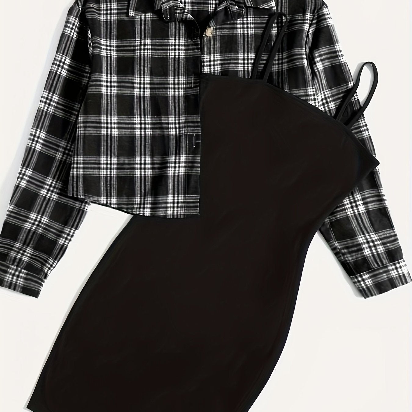 Casual Simple Two-piece Set, Plaid Print Button Front Tops & Solid Spaghetti Strap Dress Outfits, Women's Clothing