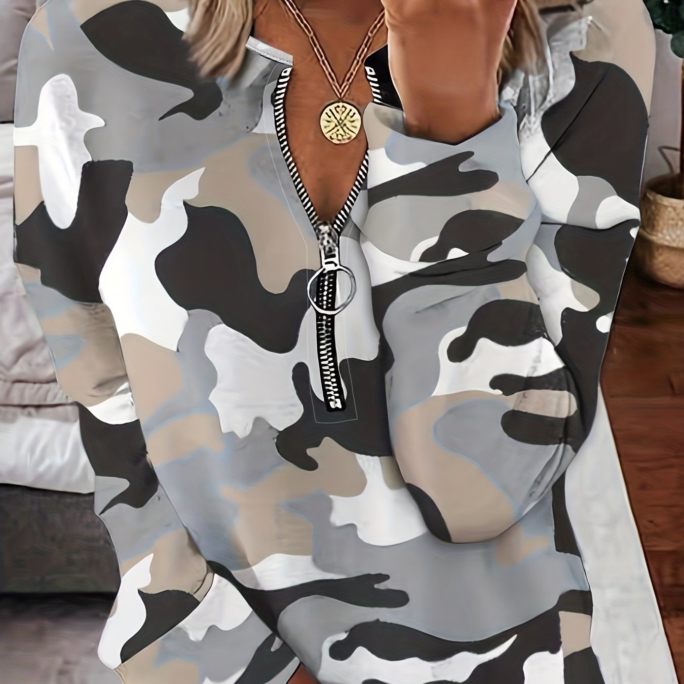 gbolsos All Over Print Zip Front T-Shirt, Casual Long Sleeve Top For Spring & Fall, Women's Clothing