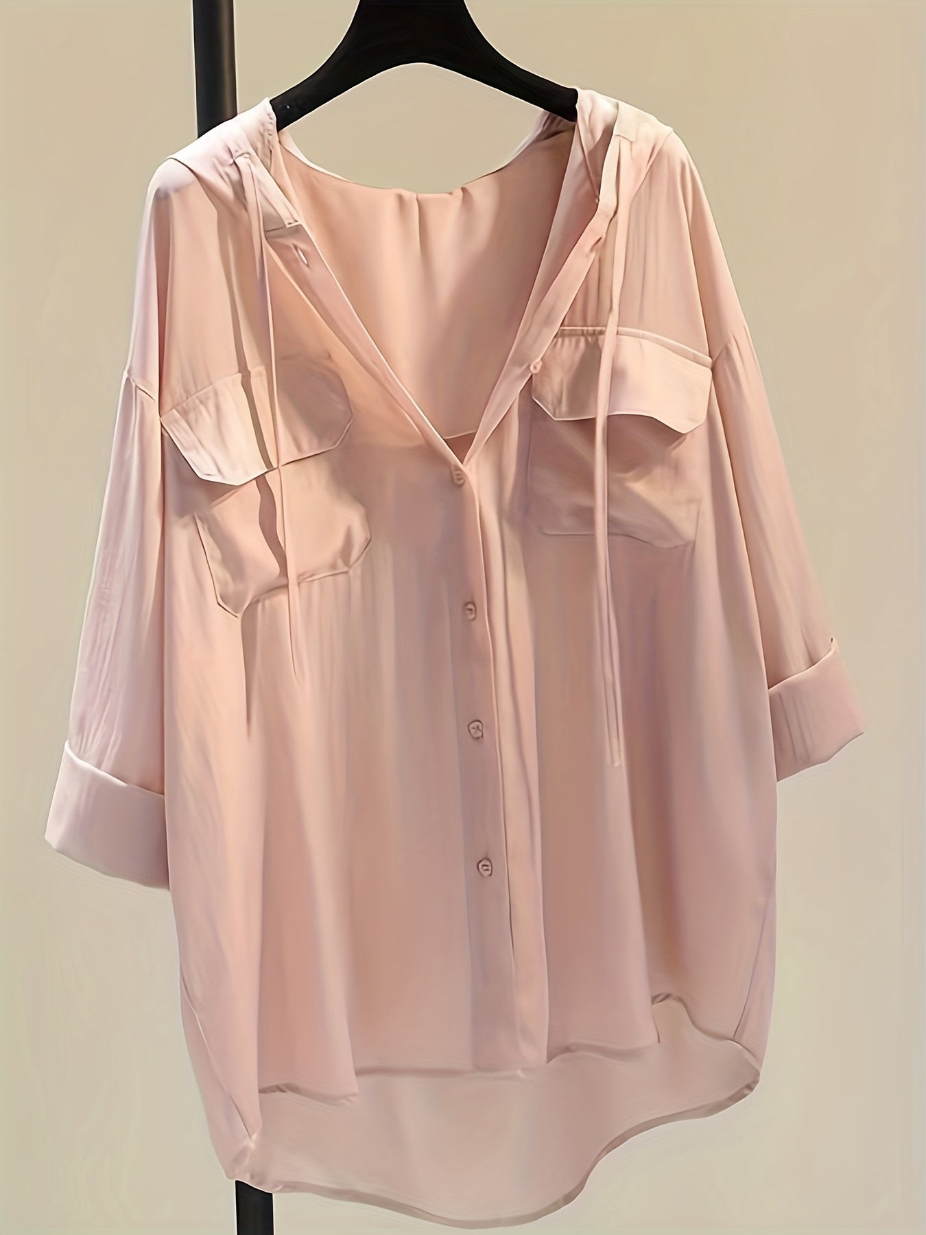 gbolsos Solid Pocket Button Hooded Blouse, Casual Drawstring Blouse For Spring & Summer, Women's Clothing