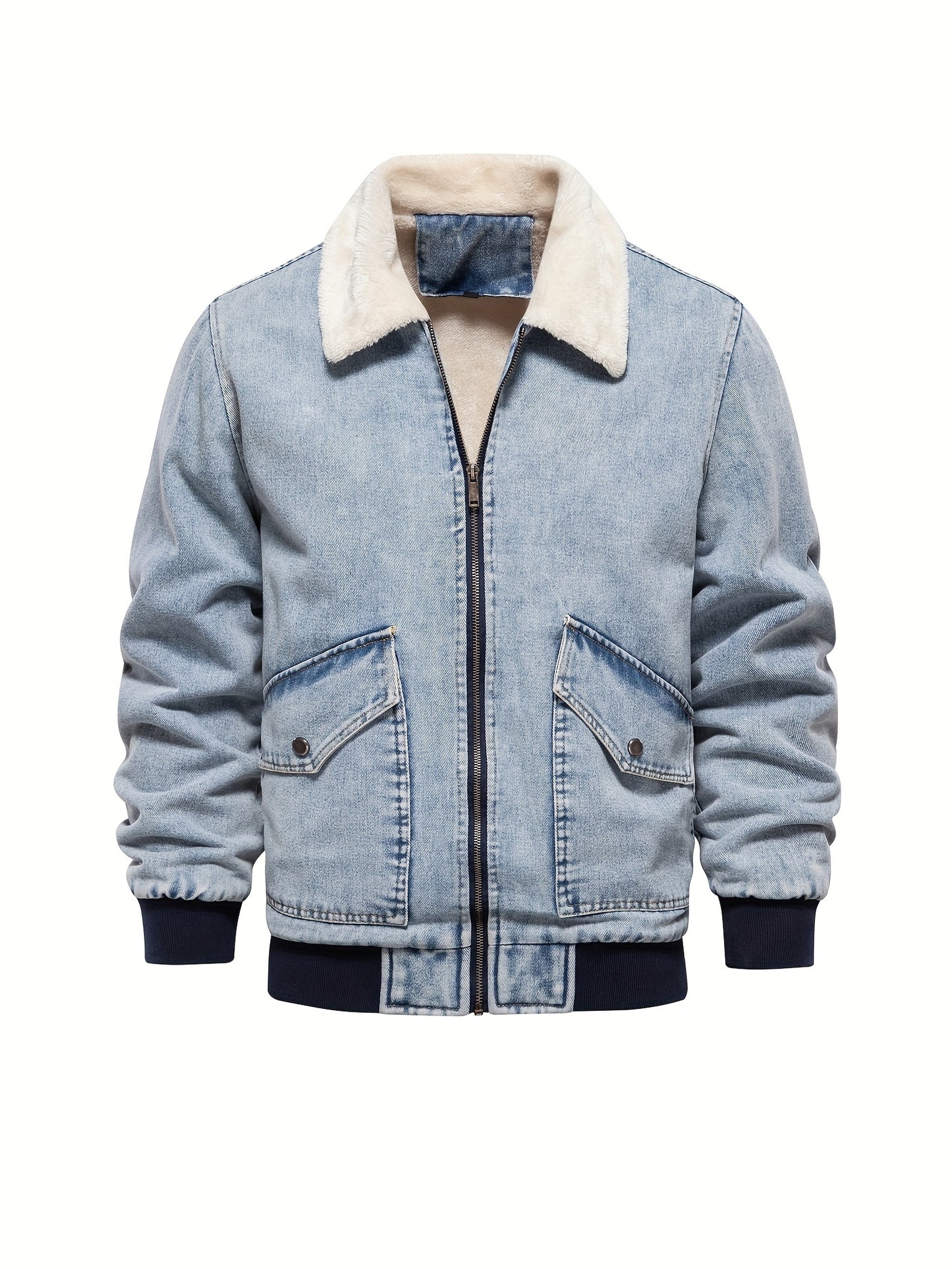 gbolsos Warm Fleece Denim Jacket, Men's Casual Flap Pocket Jacket Coat With Fur Collar For Fall Winter