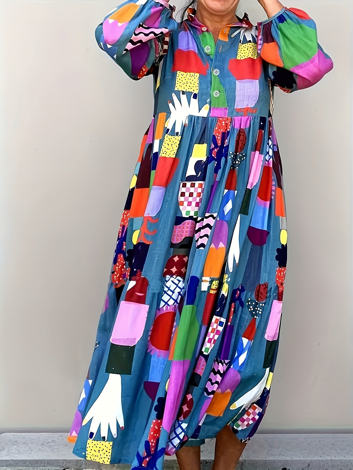 gbolsos Plus Size Cute Maxi Dress, Women's Plus Random Print Long Sleeve Button Up Turn Down Collar Smock Shirt Dress