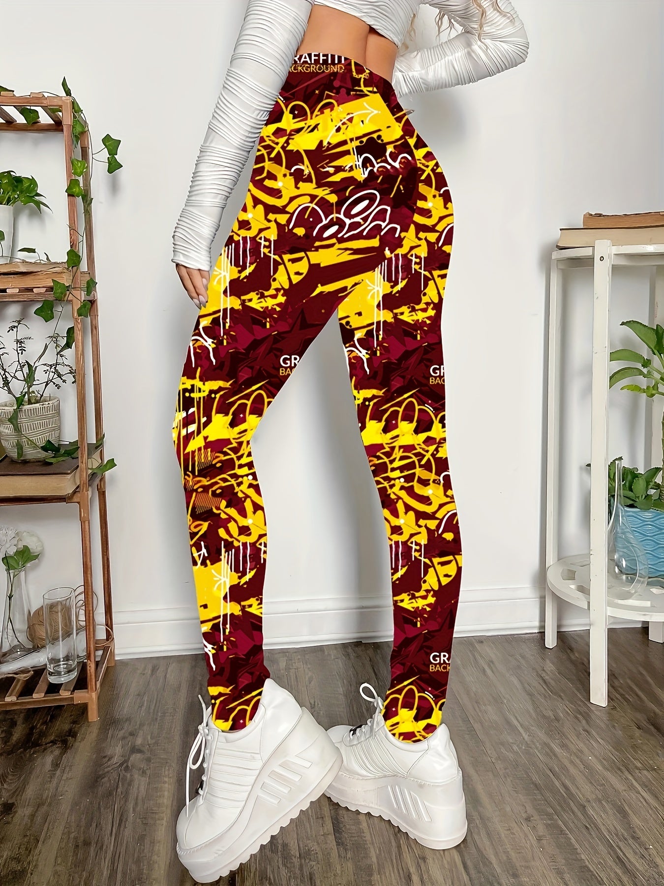 gbolsosGraffiti Print Skinny Leggings, Casual Every Day Stretchy Leggings, Women's Clothing