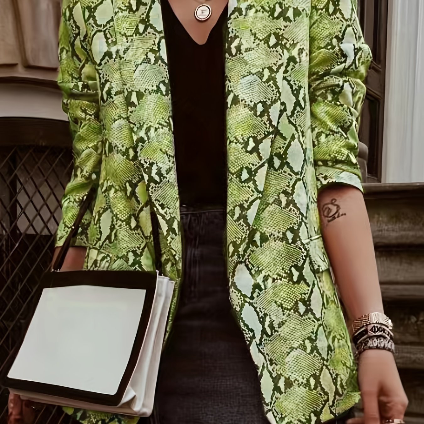 Plus Size Casual Blazer, Women's Plus Snake Pattern Lapel Collar Open Front Long Sleeve Slim Fit Blazer