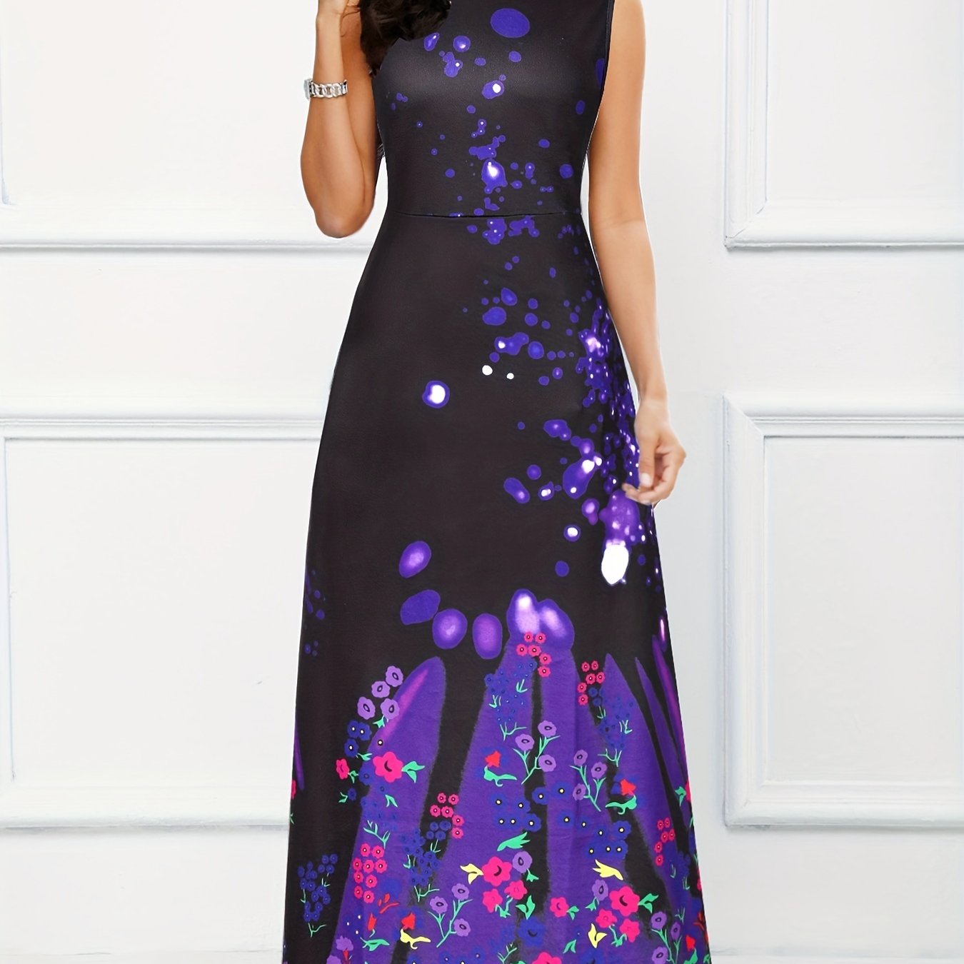 gbolsos Floral Print A-line Long Dress, Elegant Crew Neck Sleeveless Waist Summer Swing Dresses, Women's Clothing