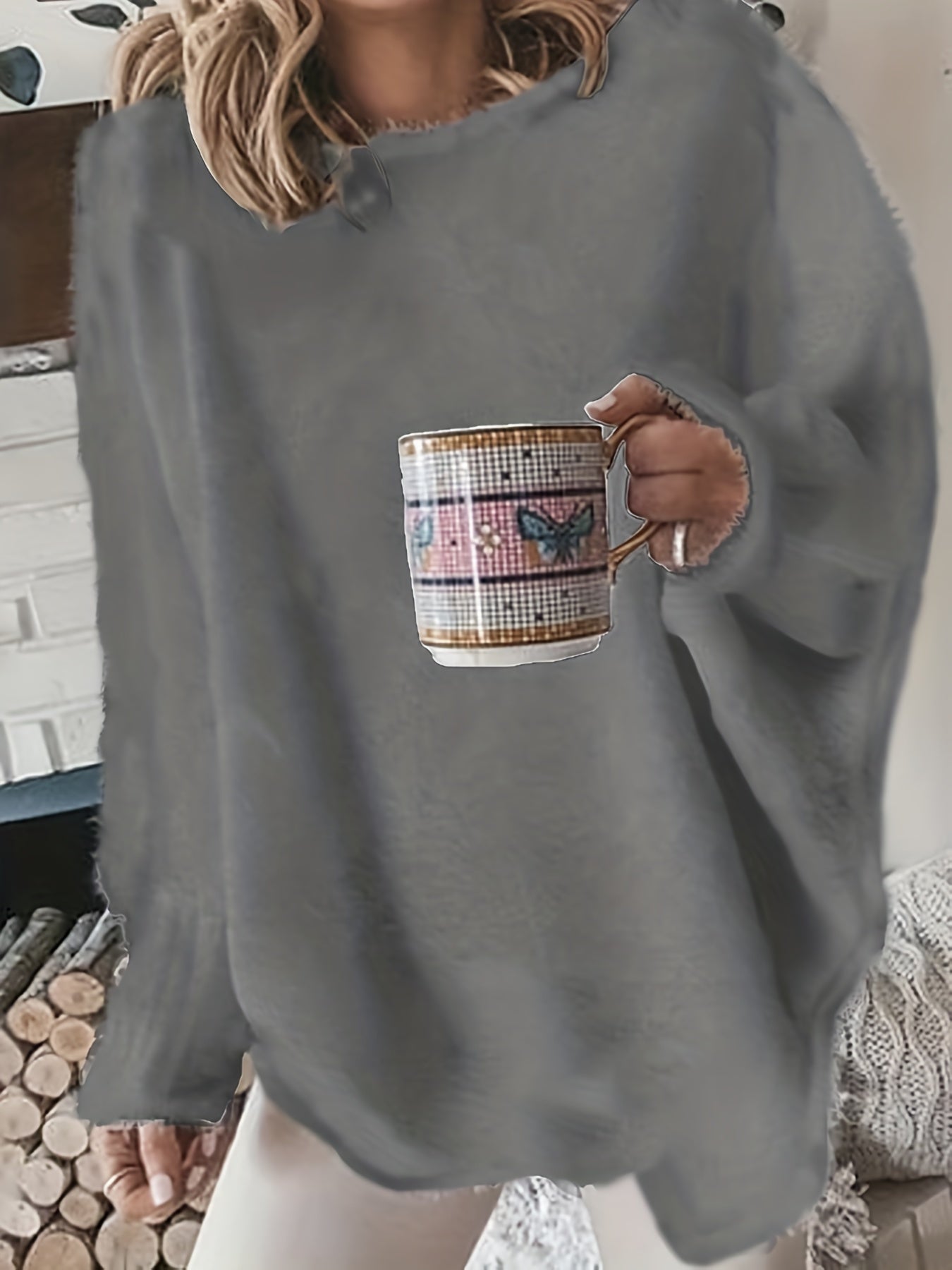 gbolsos Plus Size Casual Sweater, Women's Plus Solid Fluffy Round Neck Long Sleeve Sweater
