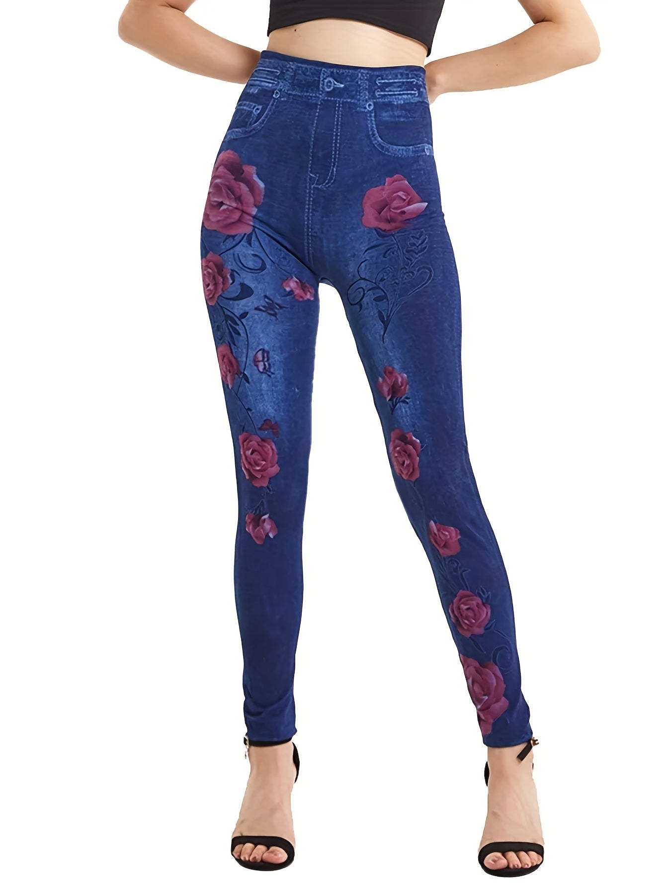 gbolsosDenim Print High Waist Jeggings, Slim Stretchy Casual Leggings, Women's Clothing