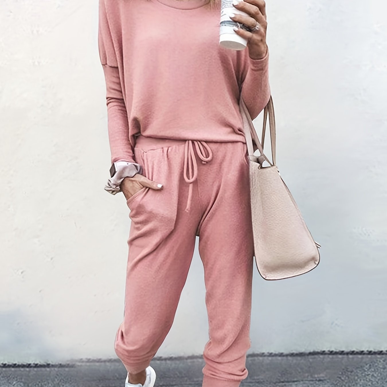 gbolsos Casual Solid Two-piece Set, Long Sleeve T-shirt & Drawstring Pants Outfits, Women's Clothing