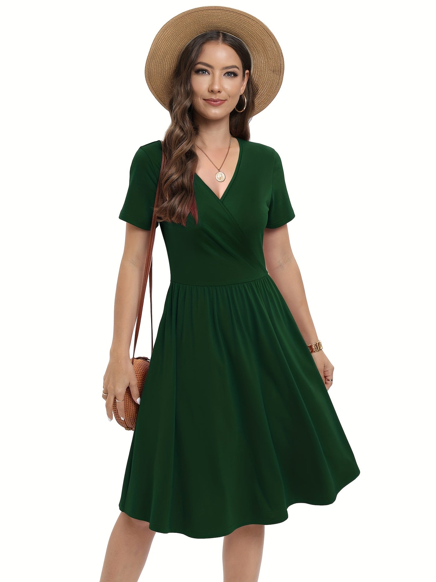 A-line Solid V Neck Dress, Casual Short Sleeve Dress For Spring & Summer, Women's Clothing