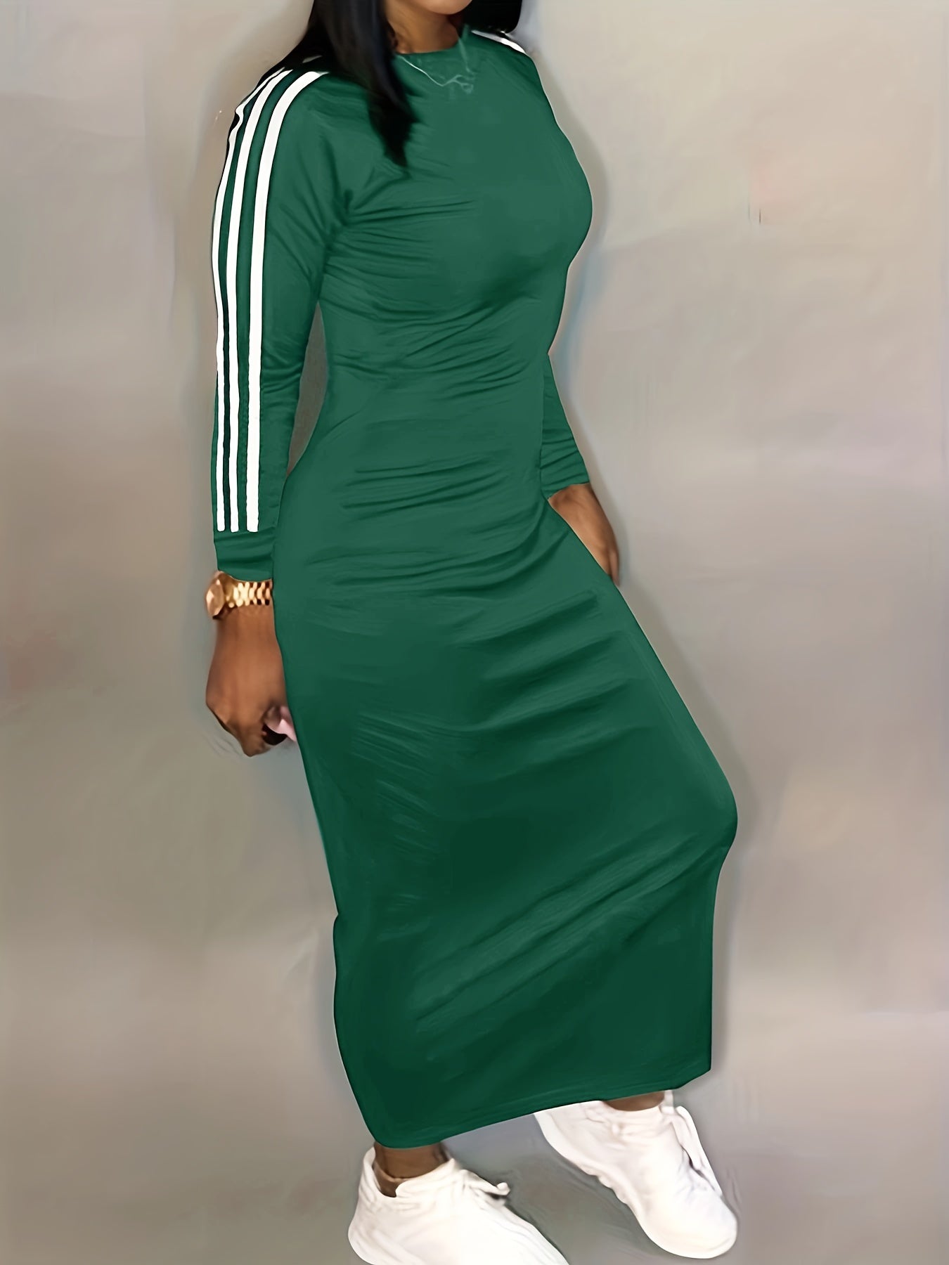 gbolsos Striped Print Bodycon Dress, Casual Long Sleeve Maxi Dress, Women's Clothing