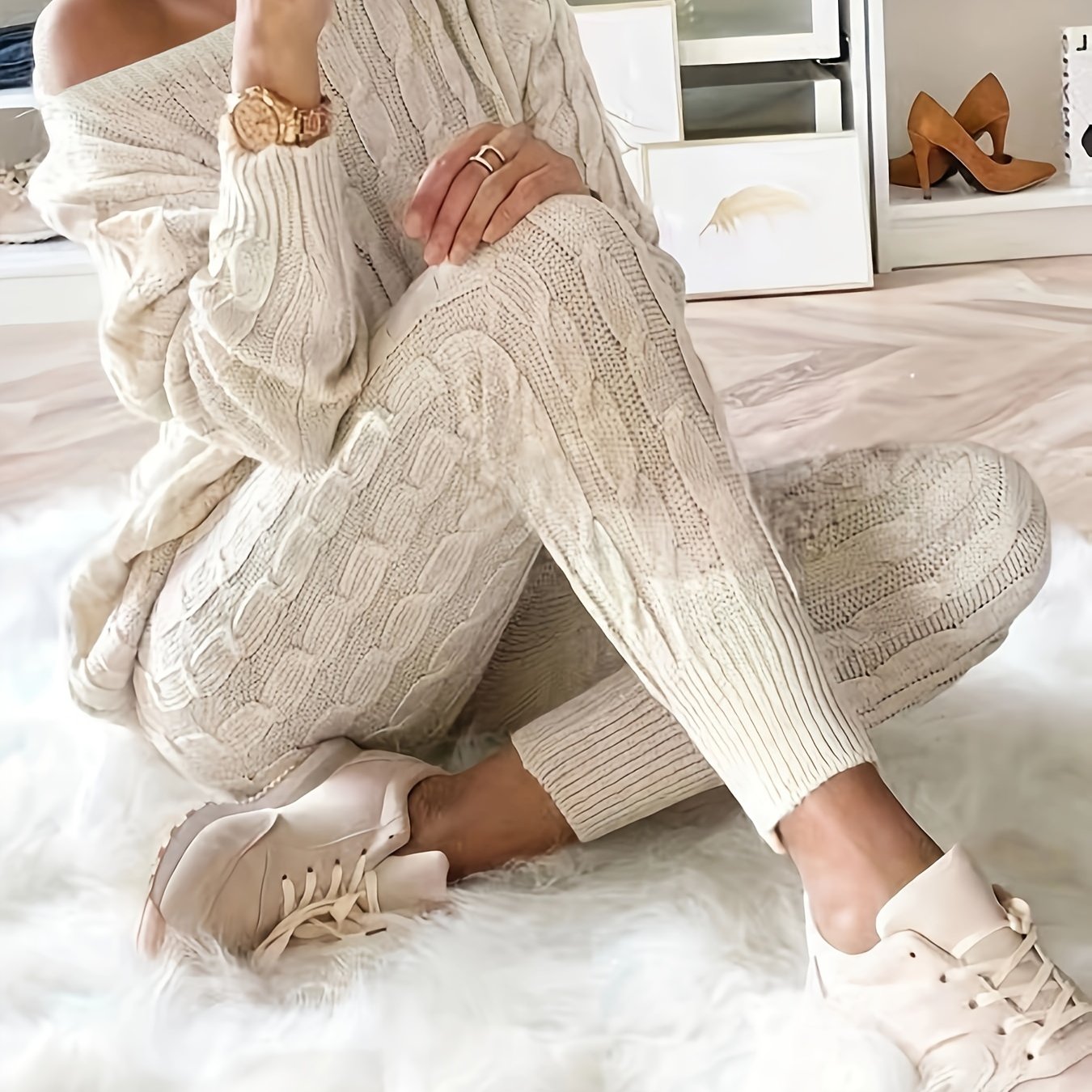 gbolsos Solid Knitted Matching Two-piece Set, Casual Long Sleeve Sweater & Pants Outfits, Women's Clothing