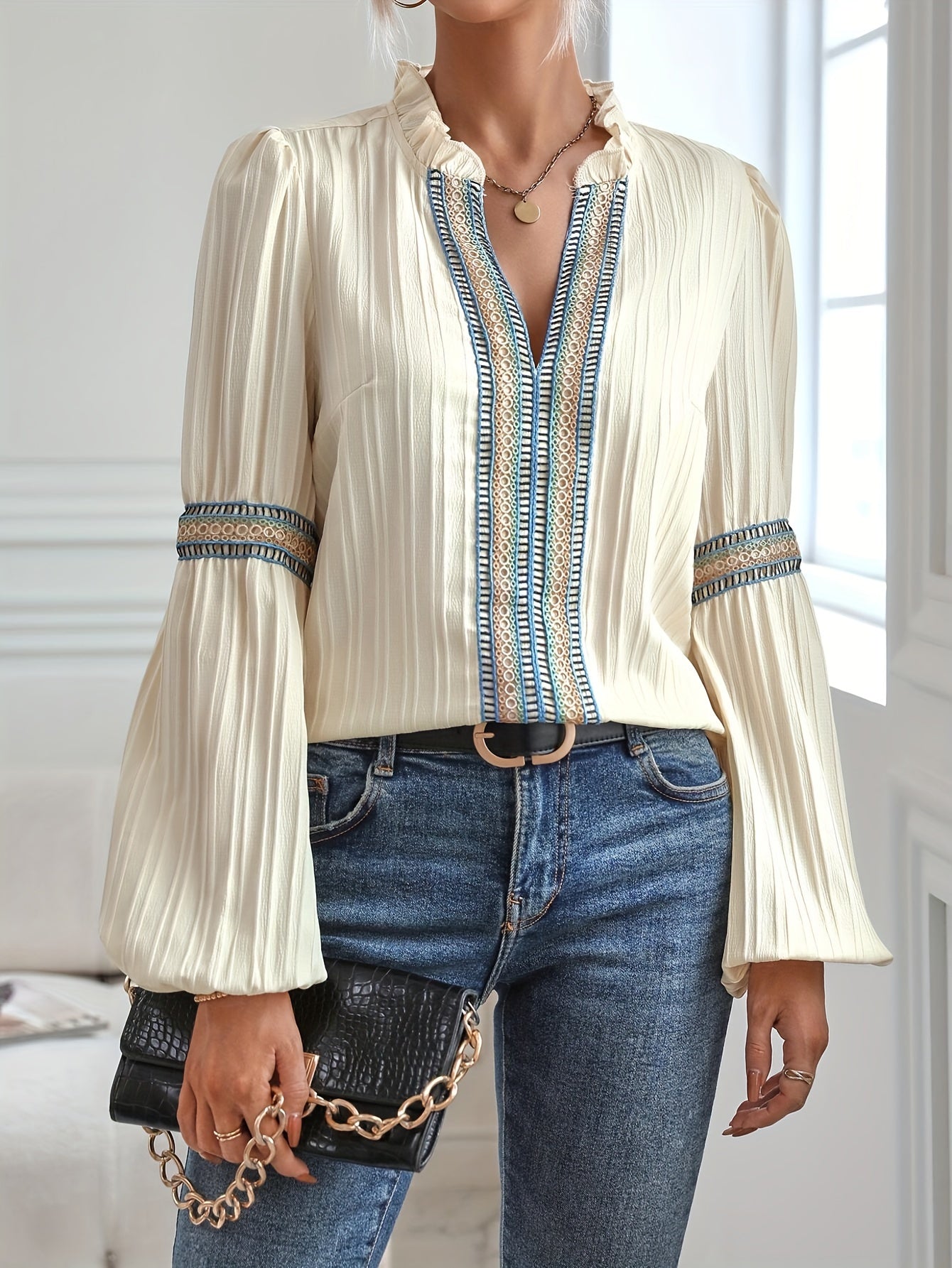 gbolsos Colorful Lace Stitching Blouse, Casual Long Sleeve Blouse For Spring & Fall, Women's Clothing