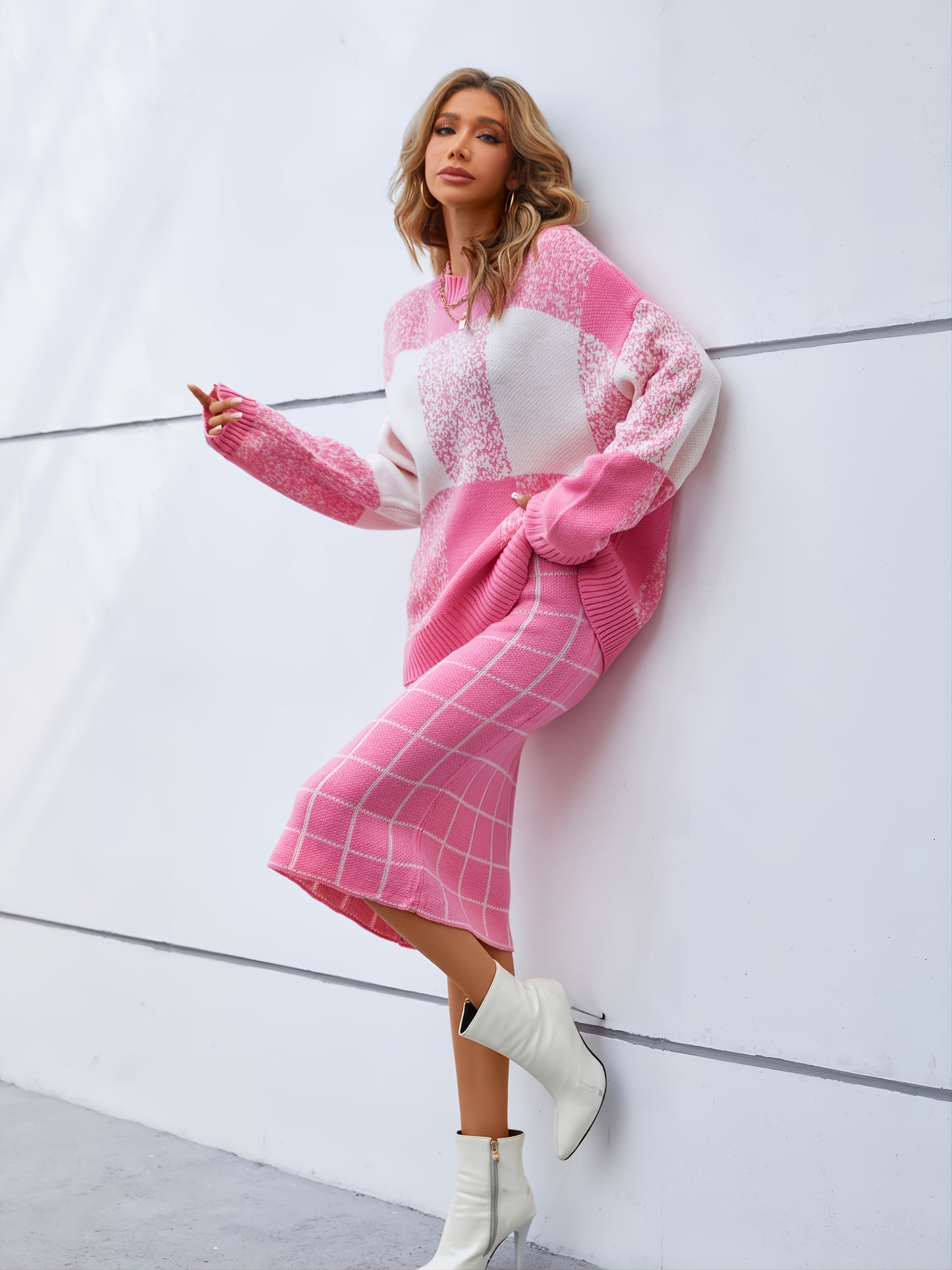 gbolsos Casual Checkered Pattern Sweater Dress Two-piece Set, Crew Neck Sweater & Slim Skirt Sweater Set, Women's Clothing