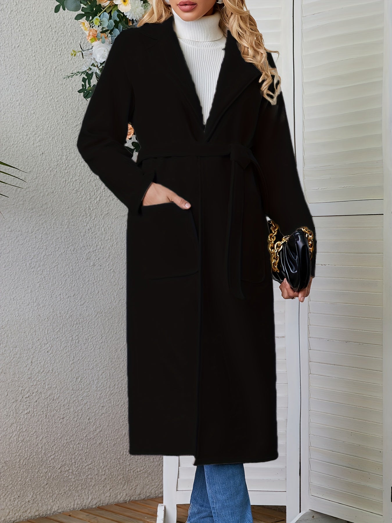 gbolsos Solid Lapel Mid Length Overcoat, Casual Open Front Long Sleeve Outerwear With Pockets, Women's Clothing