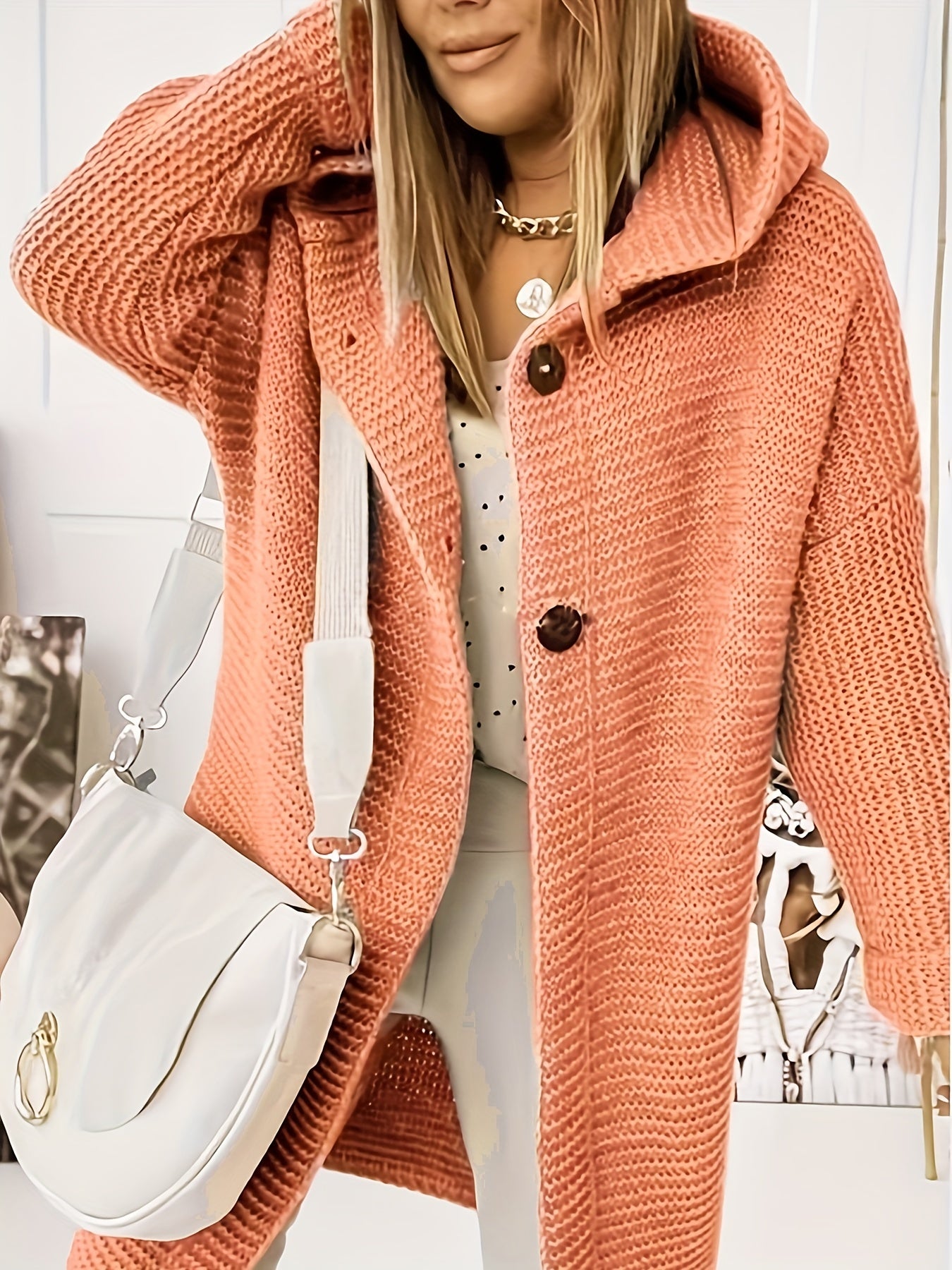 gbolsos Plus Size Casual Cardigan, Women's Plus Solid Button Slight Stretch Hooded Cardigan