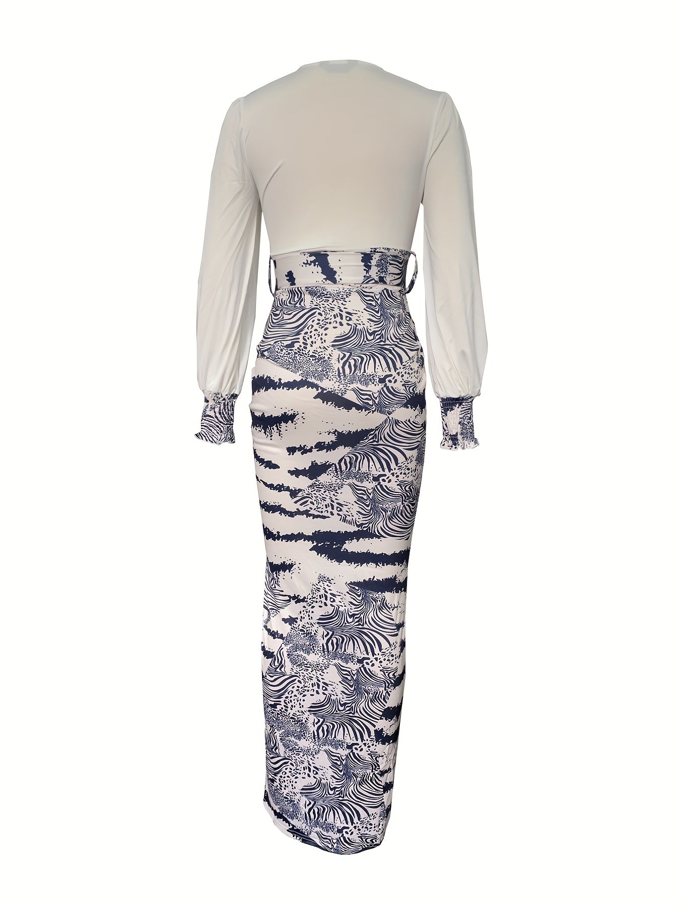 gbolsos Graphic Print Splicing Dress, Vacation Split Thigh Plunging Long Sleeve Maxi Dress, Women's Clothing