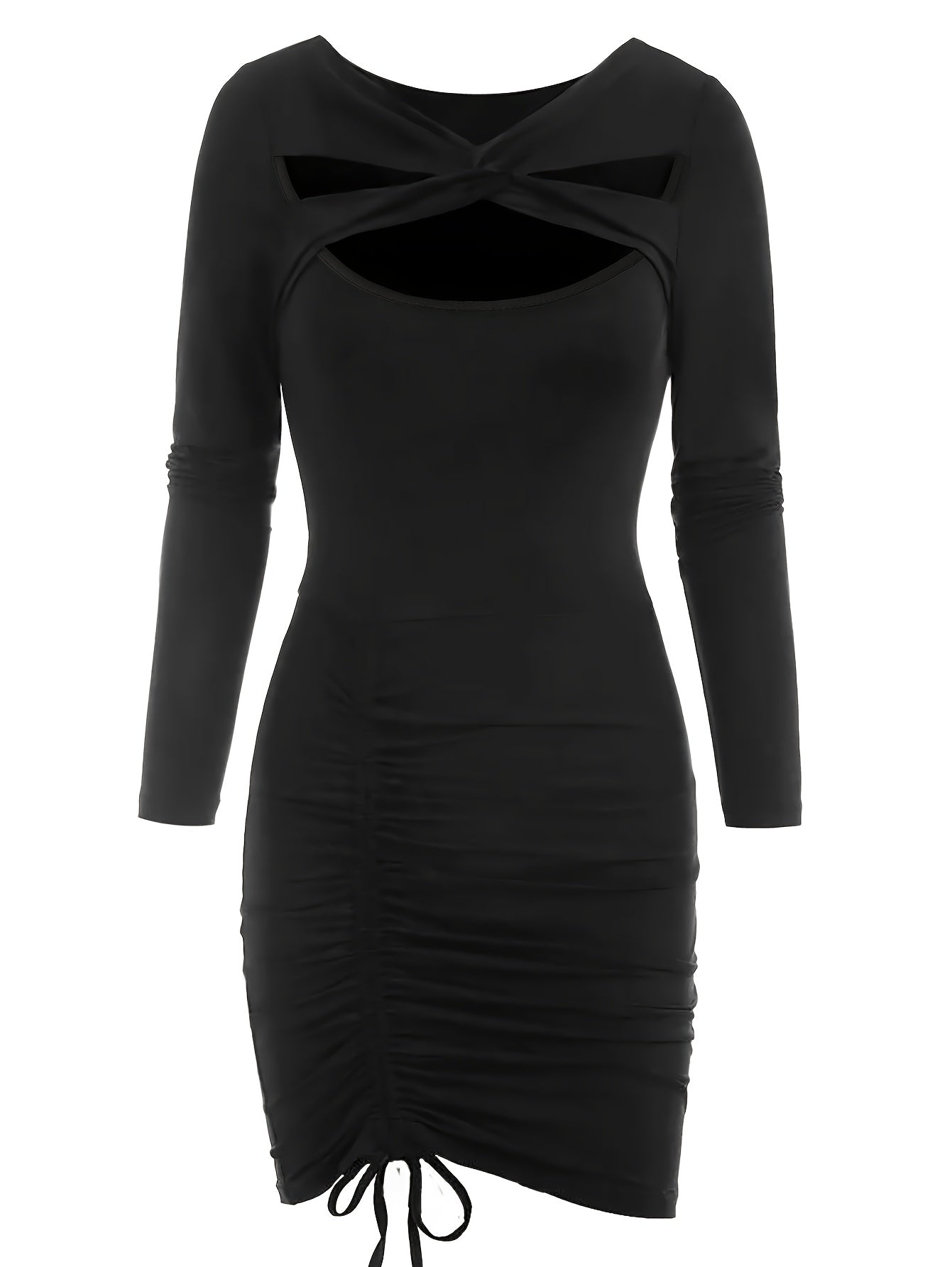 gbolsos Cut Out Drawstring Dress, Party Wear Long Sleeve Bodycon Solid Dress, Women's Clothing