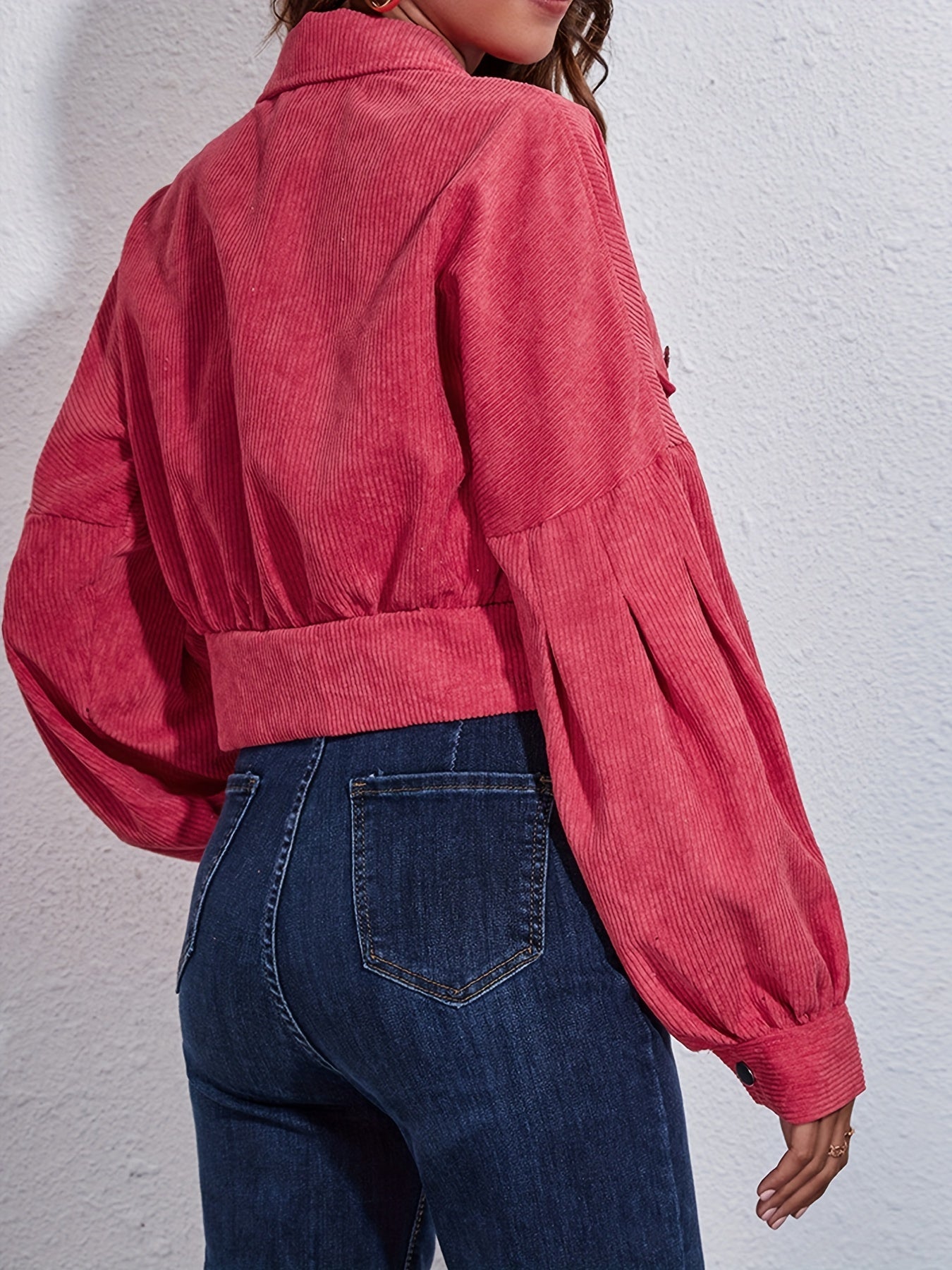 Solid Lantern Sleeve Ribbed Corduroy Cropped Jacket, Fashion Winter Coats, Women's Clothing