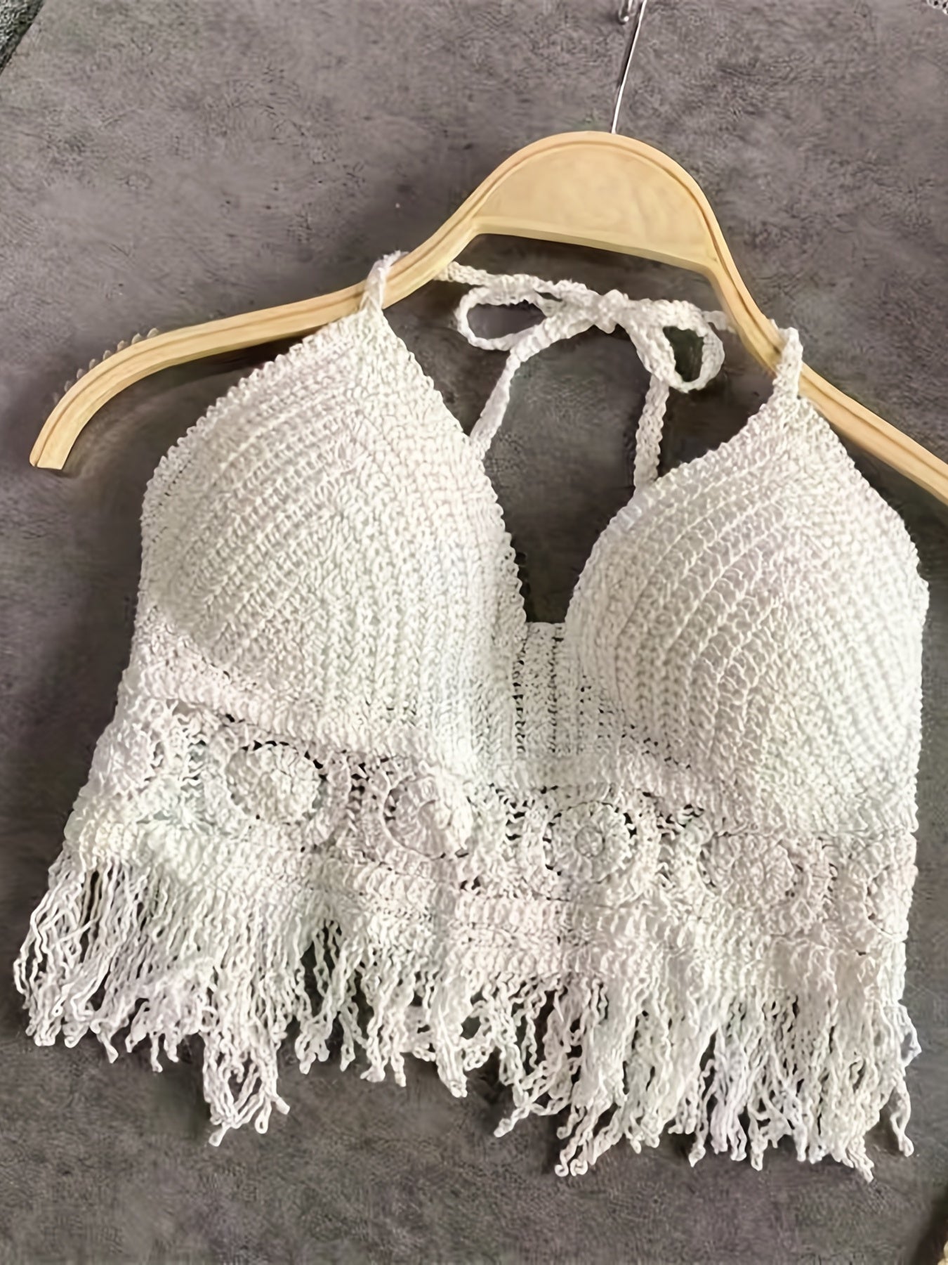 gbolsos Bohemia Crochet Hollow Out Fringe Top, Halter Tie Neck Solid Color Backless Tie Back Sexy Boho Style Crop Top For Beach Pool Vacation Music Festival, Women's Swimwear & Clothing
