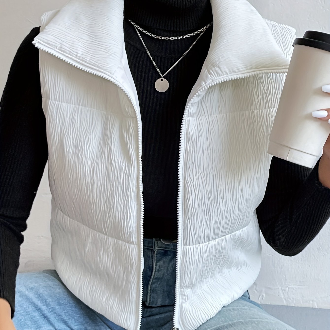 Texture Sleeveless Parka, Zip Up Solid Casual Outwear For Fall & Winter, Women's Clothing